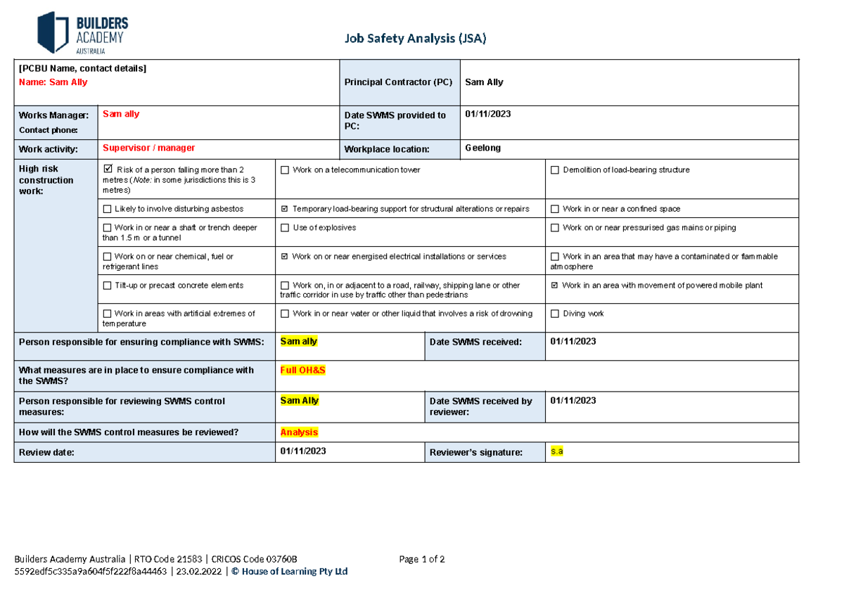 JSA Template M4 ASS 2.1 Part B (1)-1-1 (1)-1 - Job Safety Analysis (JSA ...