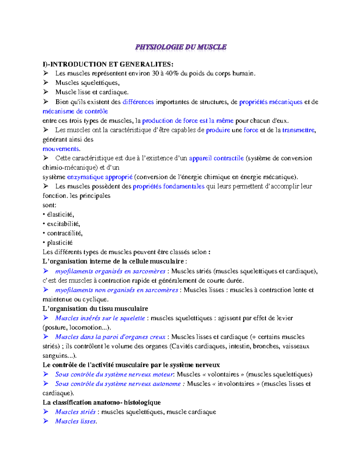 Physio 1an poly-muscle 2022bouroubi - I)-INTRODUCTION ET GENERALITES ...