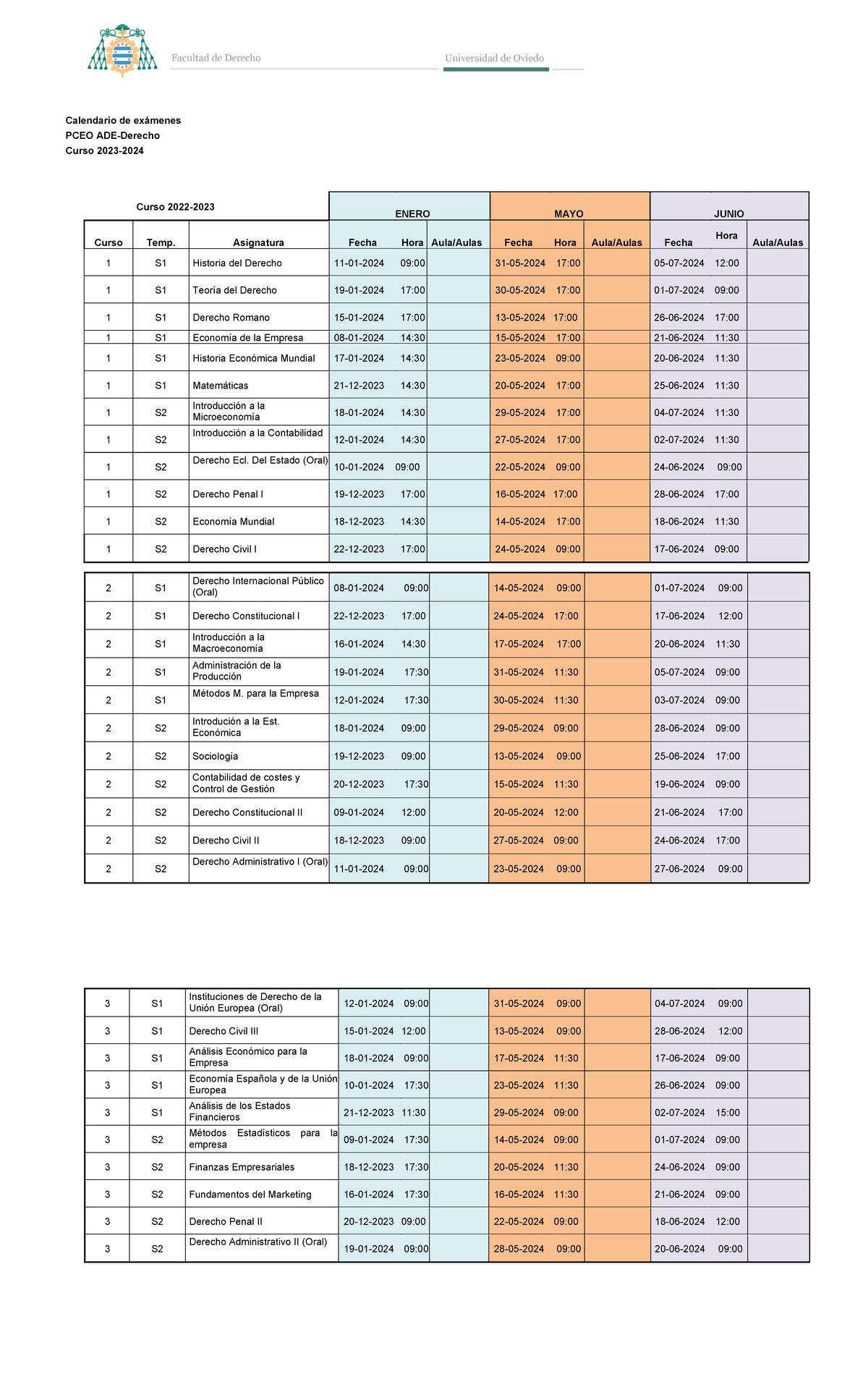 Calendario exámenes 2023-2024 PCEO - Calendario de exámenes PCEO ADE ...