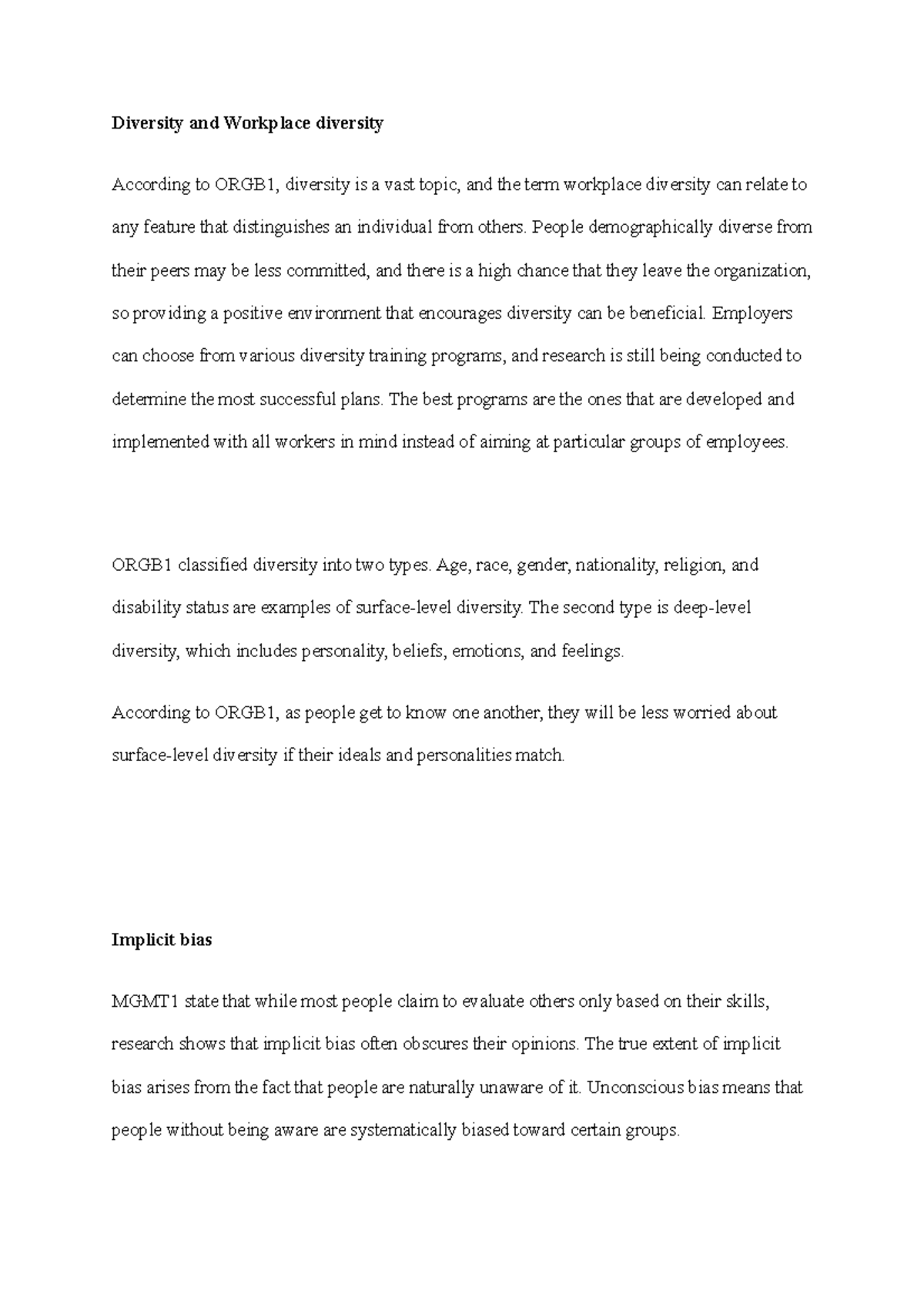 ORGB - notes - Diversity and Workplace diversity - Implicit bias ...