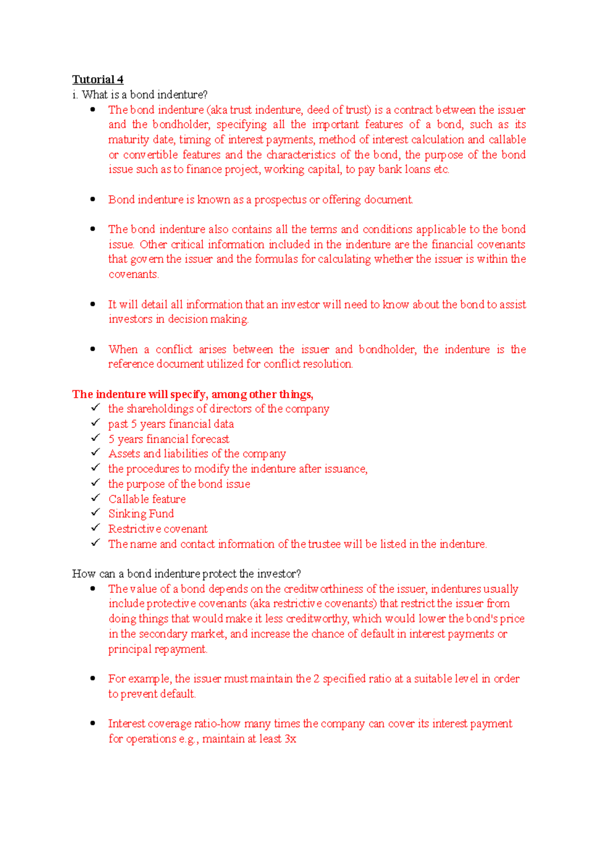 Tutorial 4 - Tutorial 4 i. What is a bond indenture? The bond indenture ...