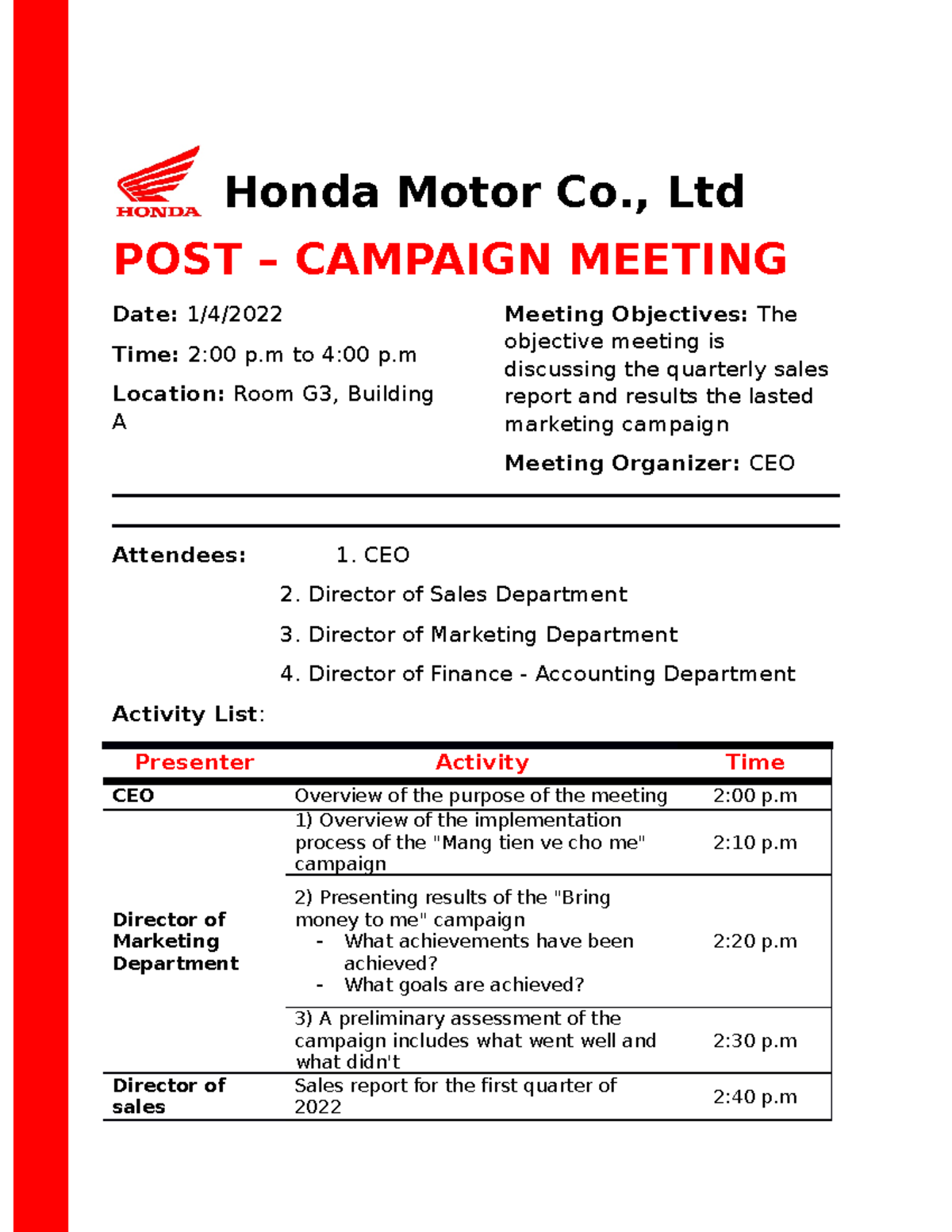 Agenda Meeting - Honda Motor Co., Ltd - Honda Motor Co., Ltd POST ...