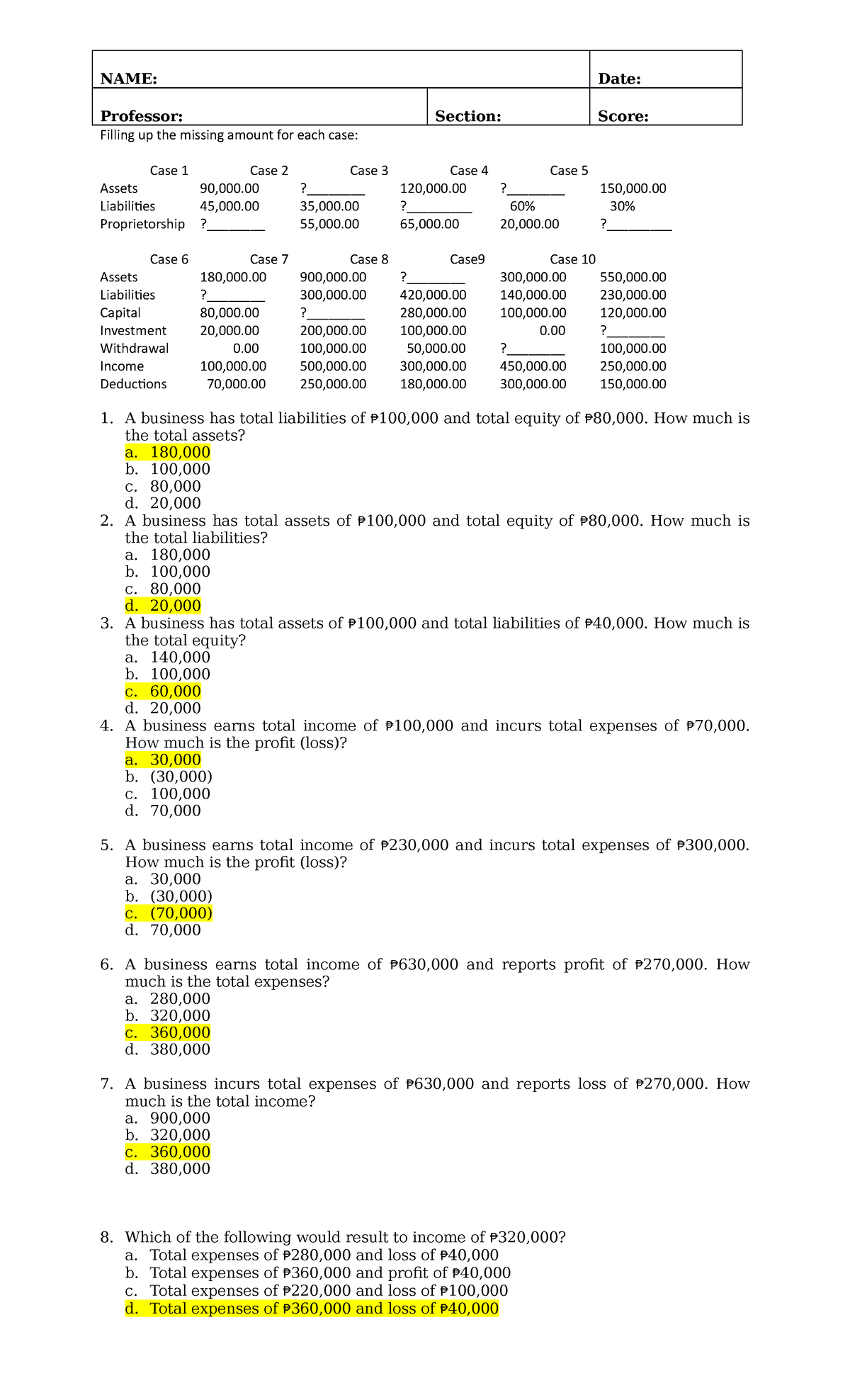 Quiz2 - QUIZ - NAME: Date: Professor: Section: Score: Filling up the ...