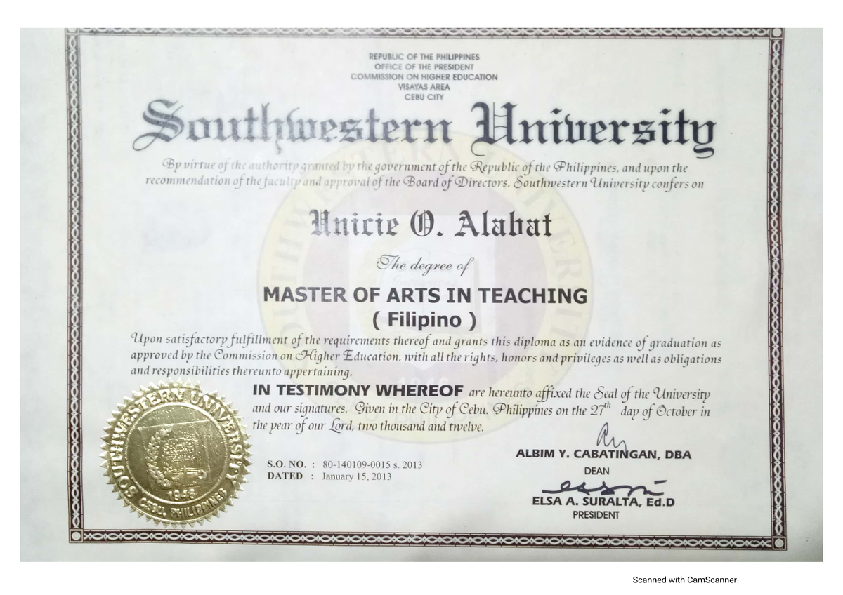 Certified TRUE COPY Diploma Alabat Unicie O Education Studocu