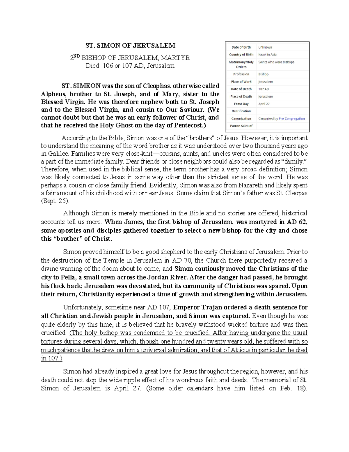 ST. Simeon Life story ST. SIMON OF JERUSALEM 2 ND OF JERUSALEM