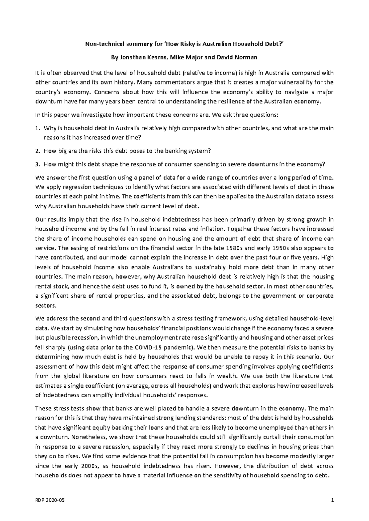 Rdp 2020 05 non technical summary - RDP 2020-05 1 Non-technical summary ...