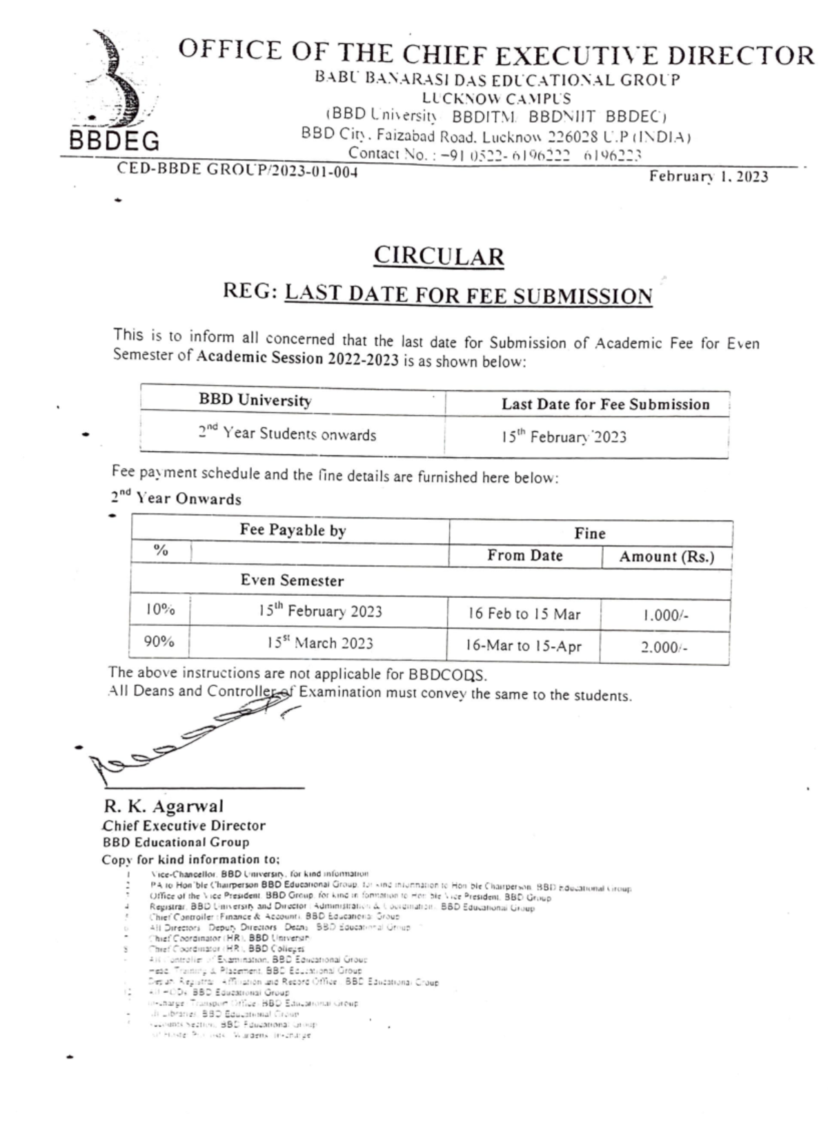 Fee Related Circular .gggfdcb OFFICE OF THE CHIEF EXECUTIYE