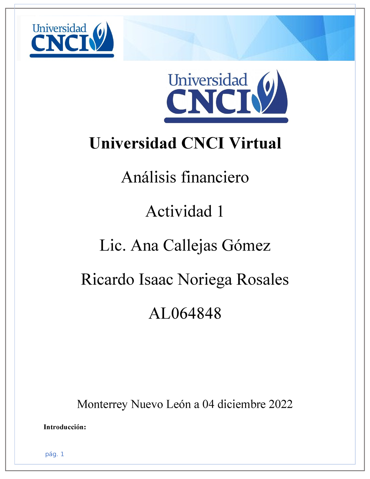 Actividad 1 - Universidad CNCI Virtual Análisis Financiero Actividad 1 ...