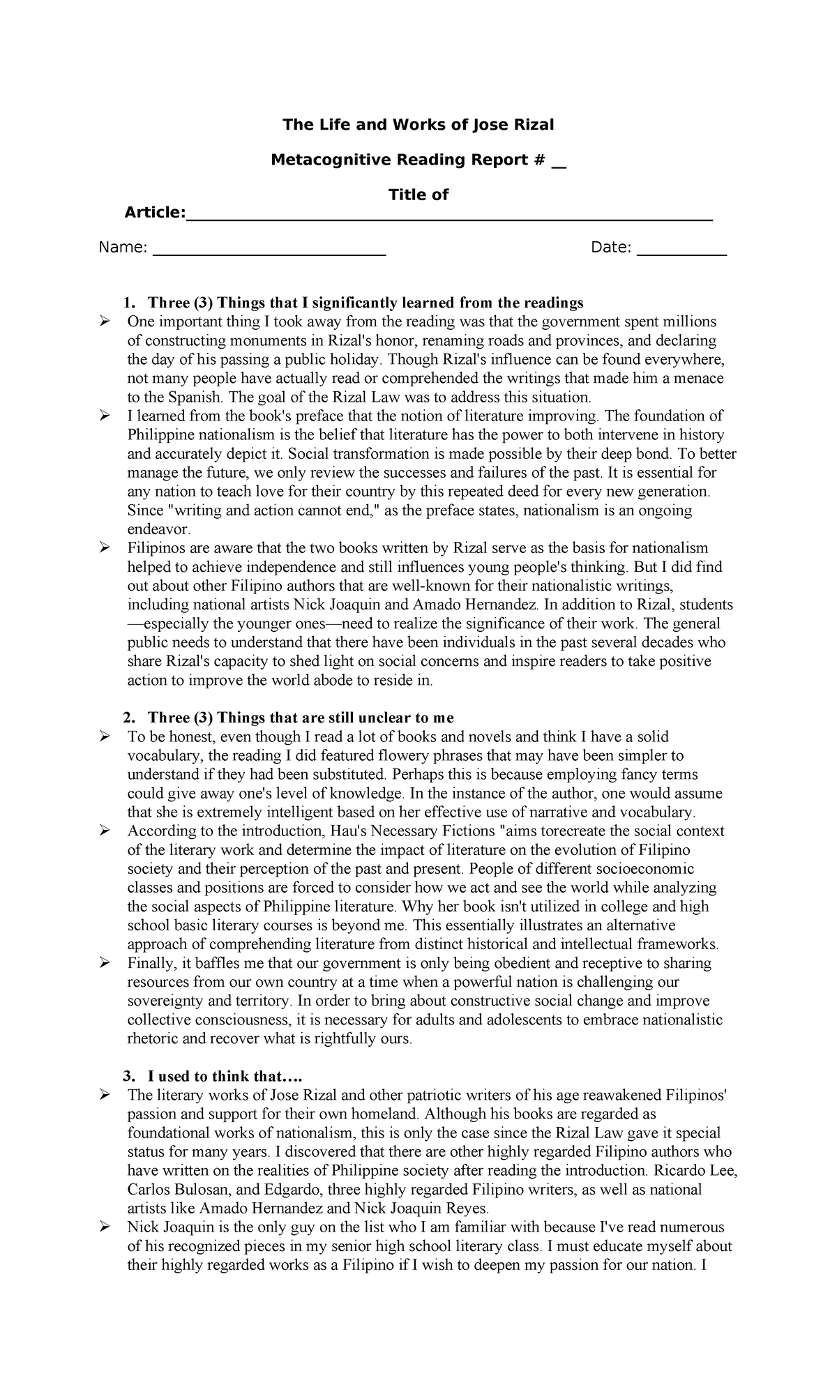 MRR template Rizal - N/A - The Life and Works of Jose Rizal ...
