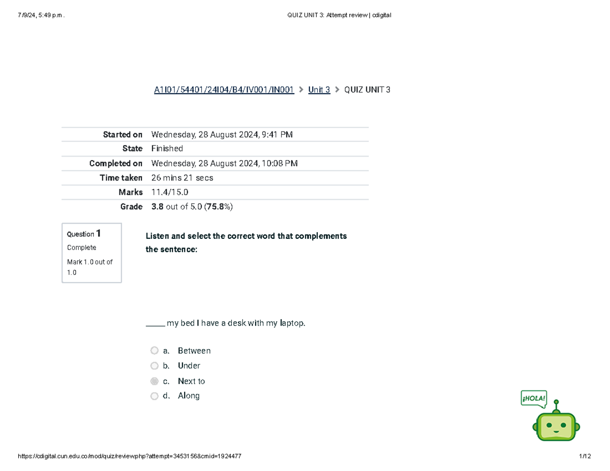 QUIZ UNIT 3 ingles - examen - A1I01/54401/24I04/B4/IV001/IN001 Unit 3 ...