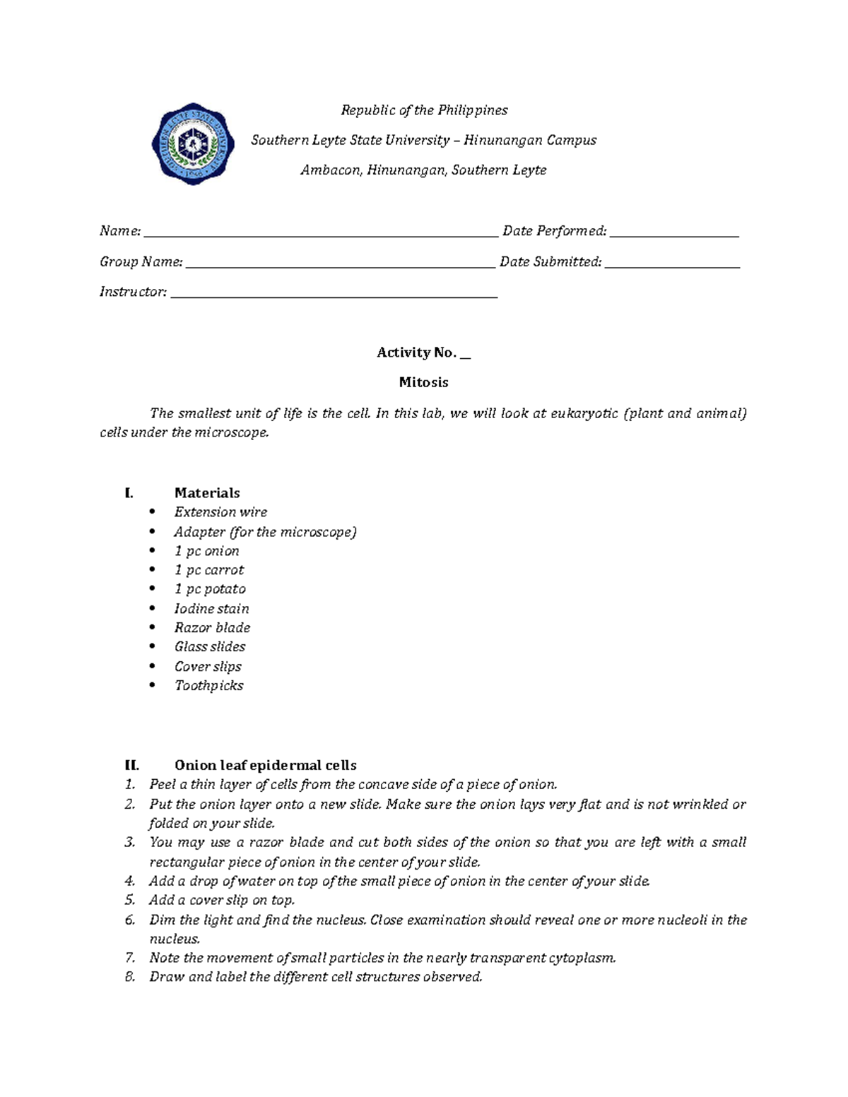 Lab3 Cell-Structures - Republic of the Philippines Southern Leyte State ...