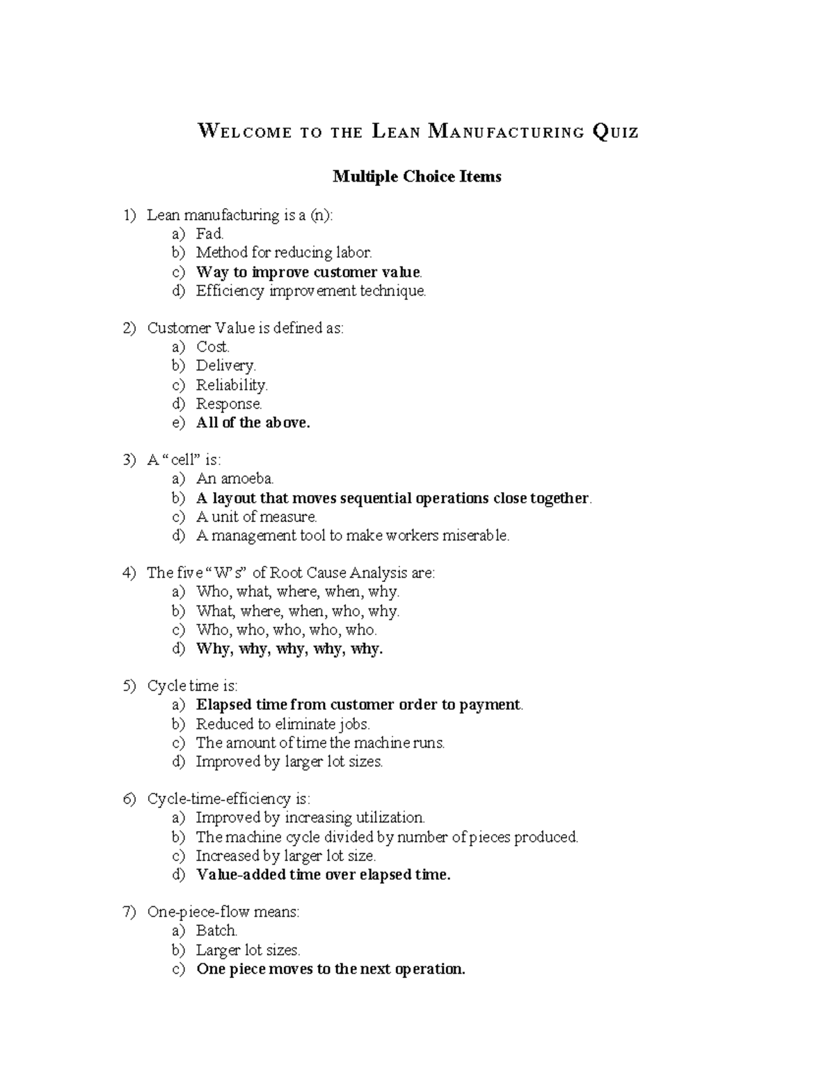45914195 Lean Manufacturing Quiz W TO THE L EAN M ANUFACTURING