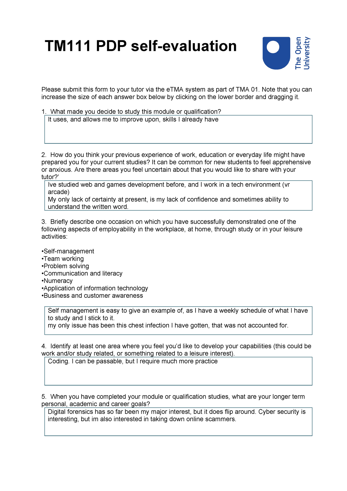 TM111 PDP Activity 6 - TM111 PDP Self-evaluation Please Submit This ...