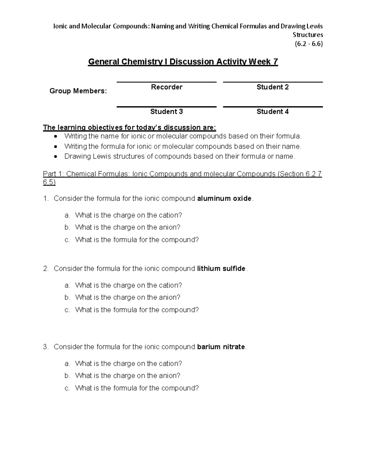 Discussion Week 7 Structures (6 6) General Chemistry I Discussion