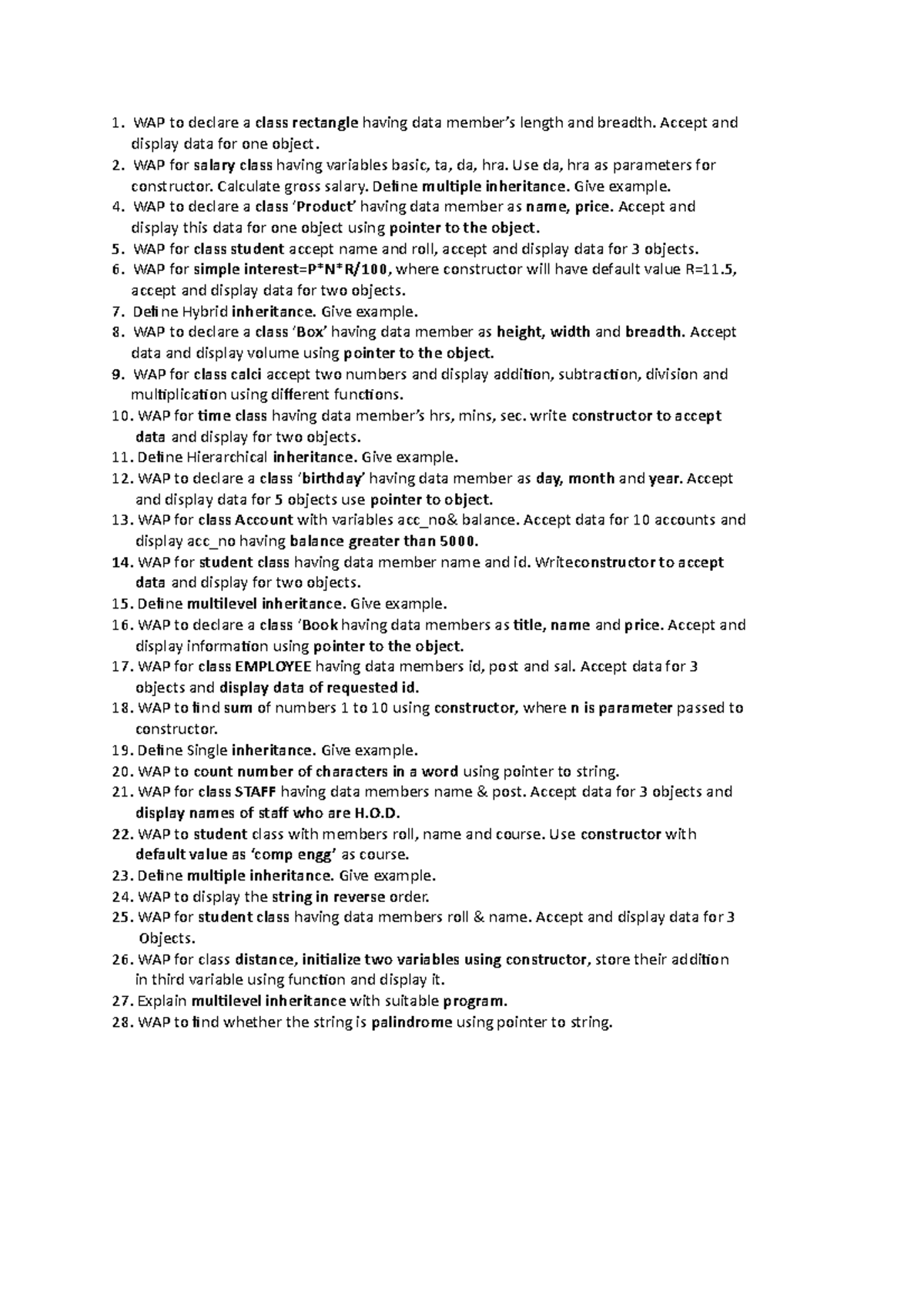 C++ Practical Question bank WAP to declare a class rectangle having