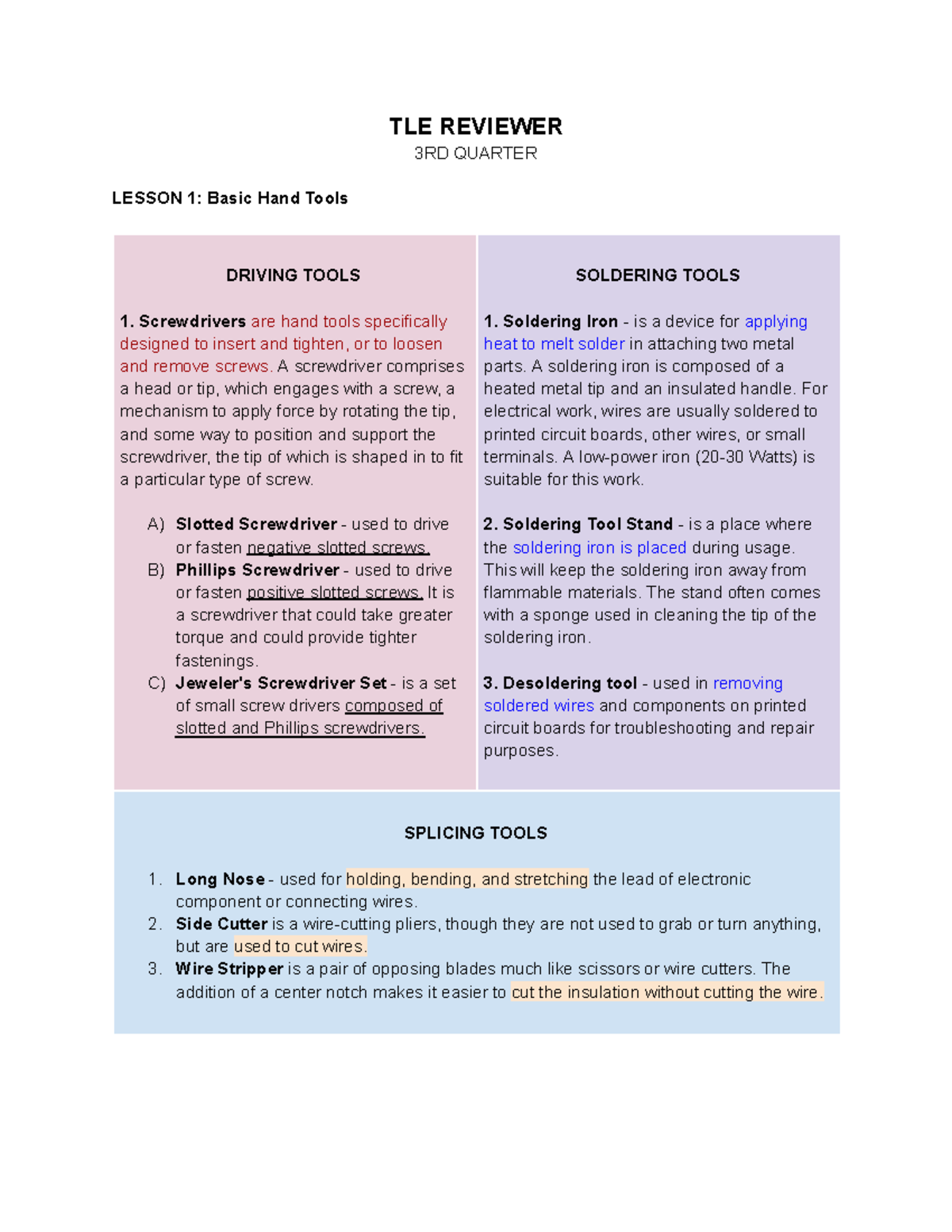TLE 10 3rd Quarter - TLE REVIEWER 3RD QUARTER LESSON 1: Basic Hand ...