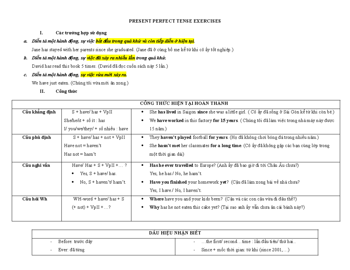 Present Perfect Tense Exercises - PRESENT PERFECT TENSE EXERCISES I ...