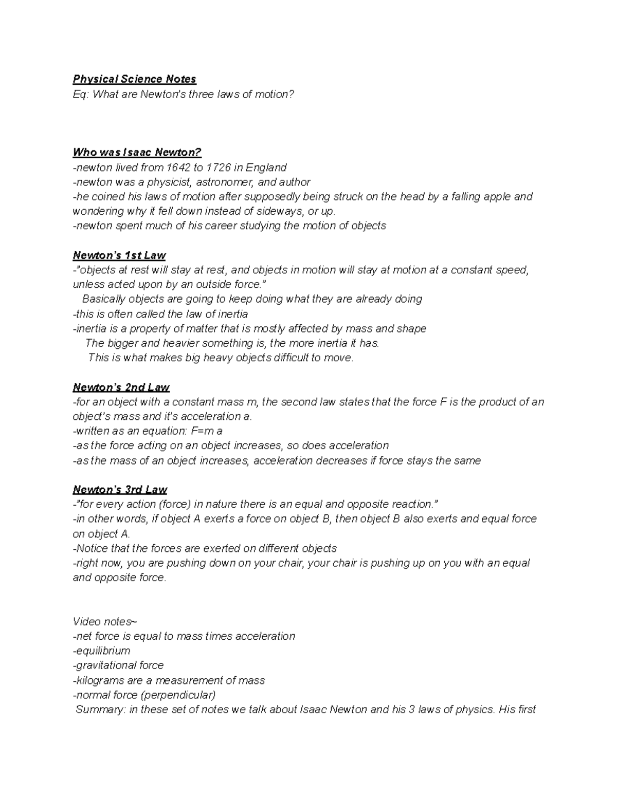 Newton notes Physical Science - Physical Science Notes Eq: What are ...