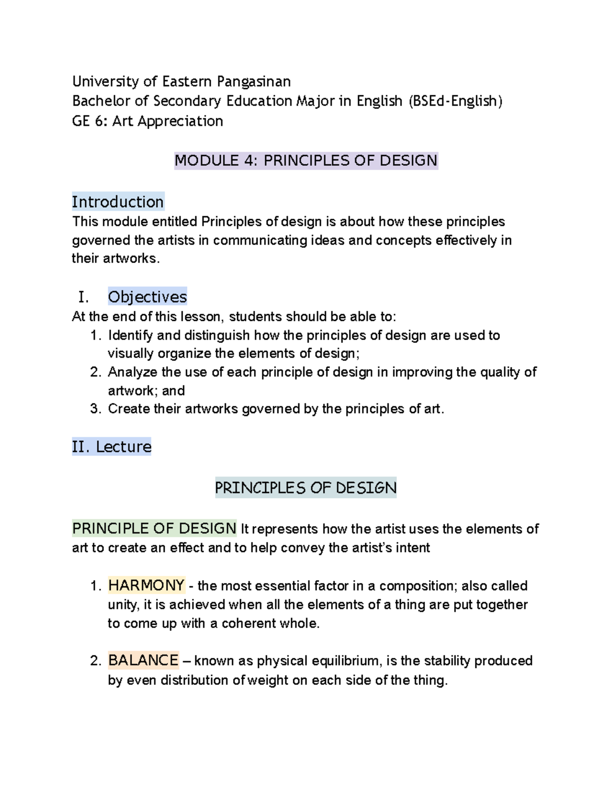 GE 6 ART Appreciation Module 4 Principles OF Design University of