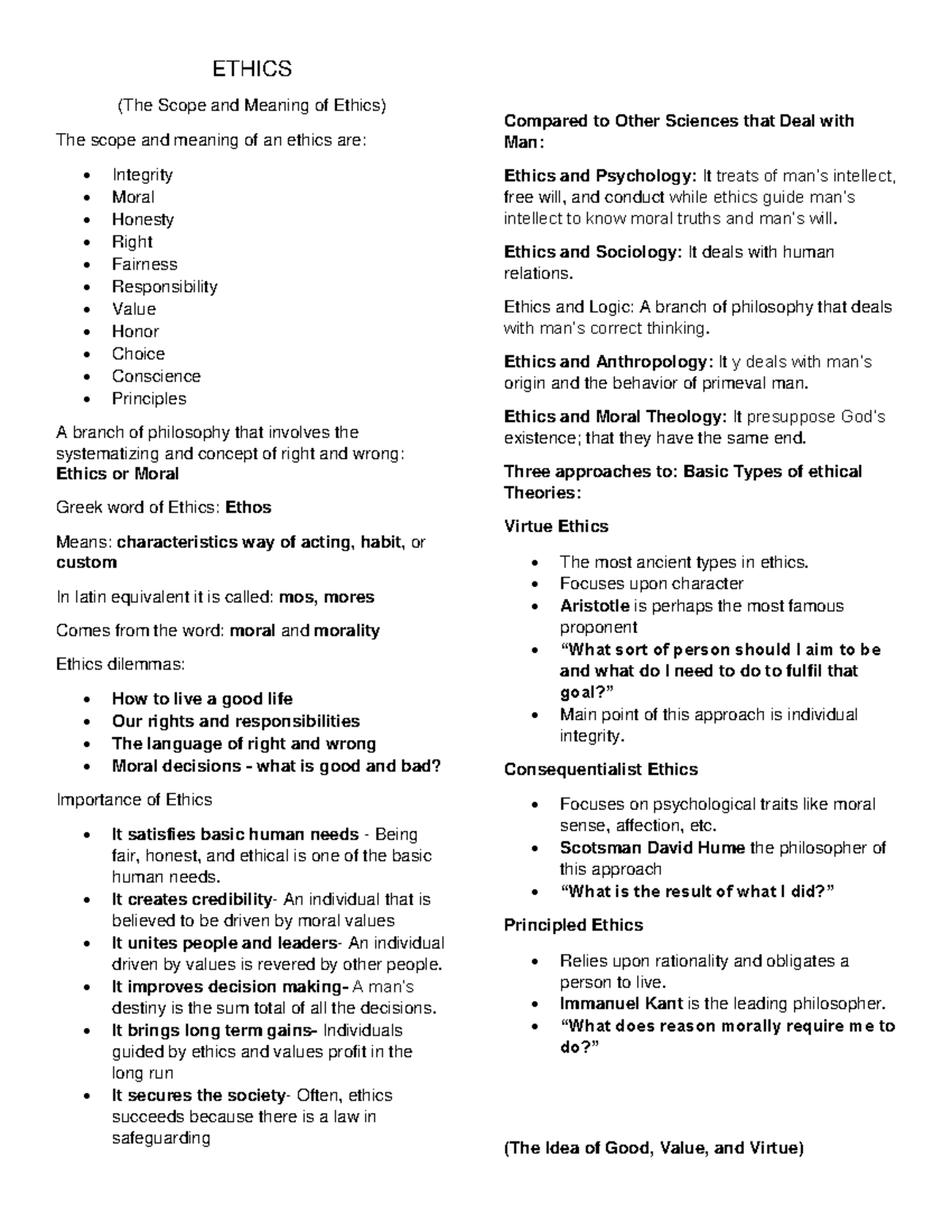 Ethics- Reviewer - Study Well - ETHICS (The Scope and Meaning of Ethics ...