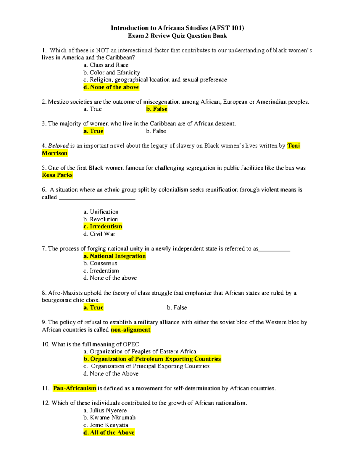 Exam 2 AFST Study Guide - Introduction to Africana Studies (AFST 101 ...