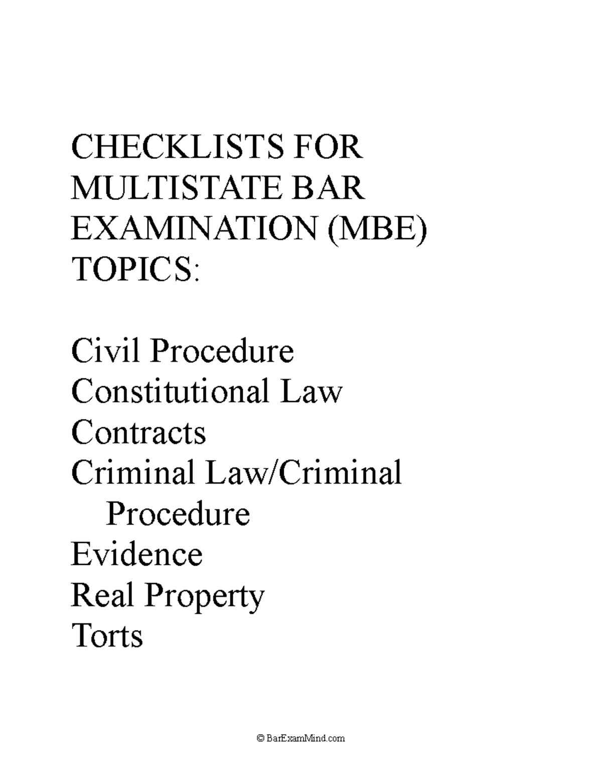 Bonus - MBE checklists copy - CHECKLISTS FOR MULTISTATE BAR EXAMINATION ...