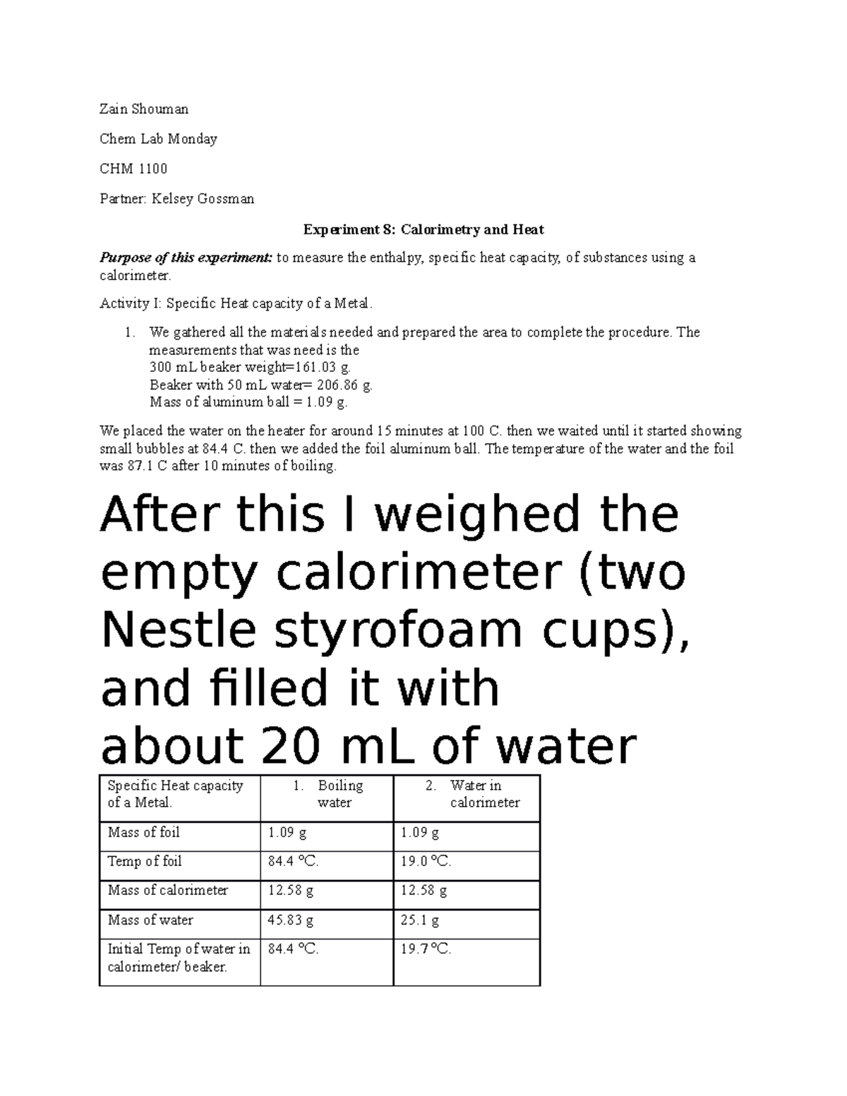 calorimetry lab report hypothesis