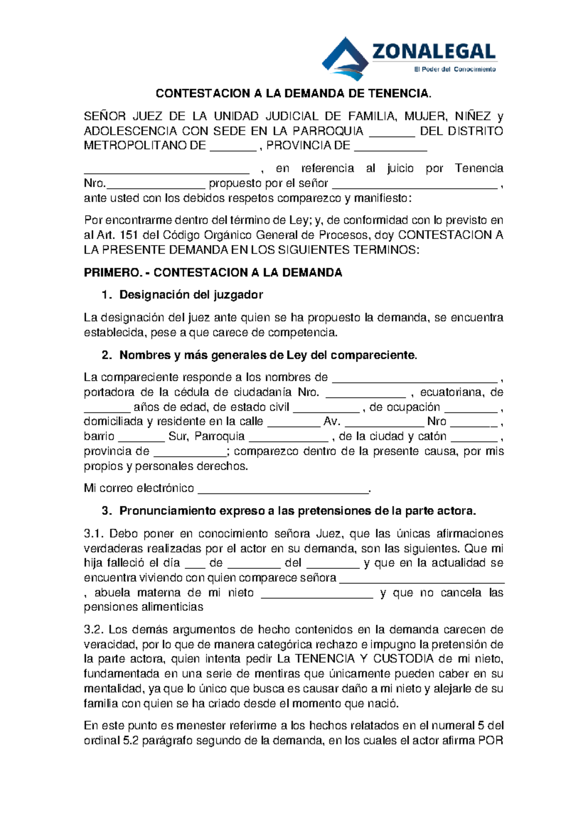 Contestacion A La Demanda De Tenencia Contestacion A La Demanda De Tenencia SeÑor Juez De La 3185