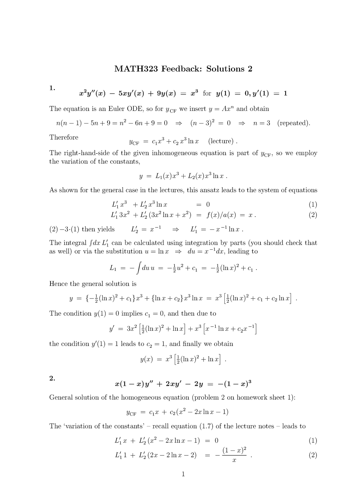 Problem Sheet 2 Solutions - MATH323 Feedback: Solutions 2 1. x2 y 00 (x ...