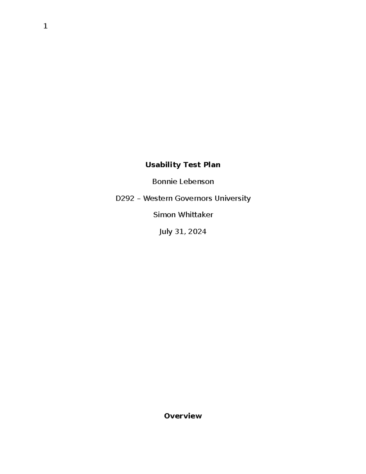 Usability Test Plan - Usability Test Plan Bonnie Lebenson D292 ...