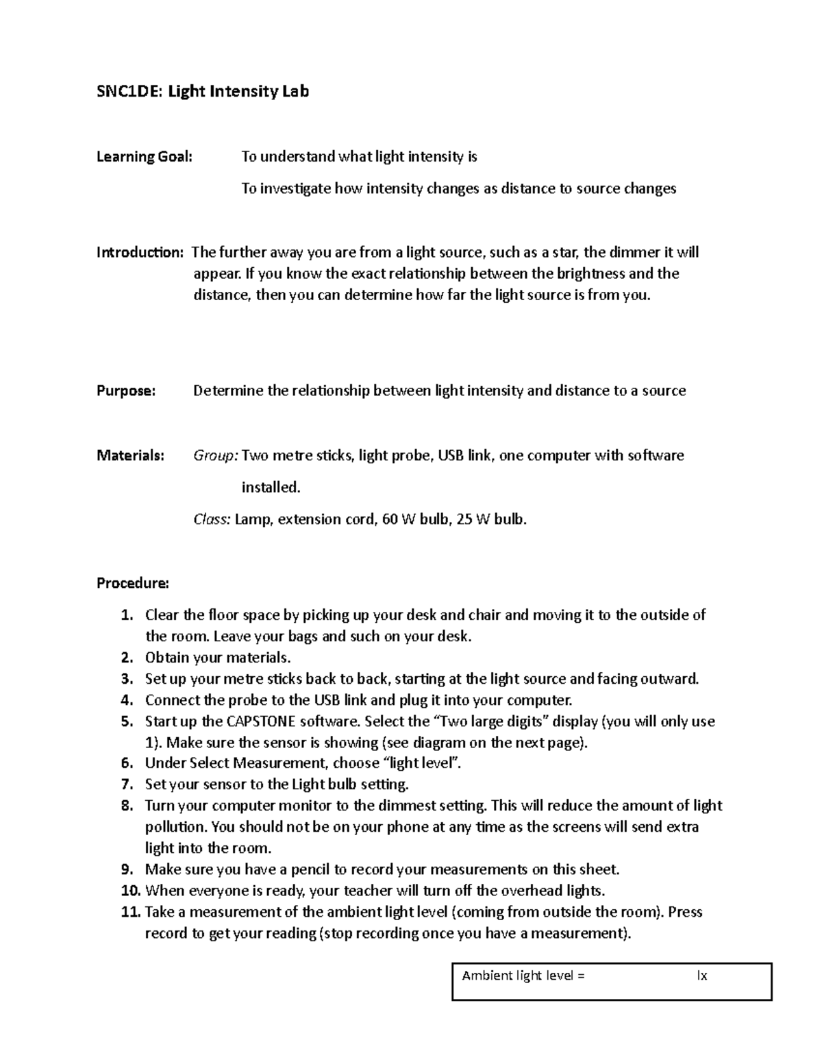09 Light Intensity Investigation SNC1DE Light Intensity Lab Learning