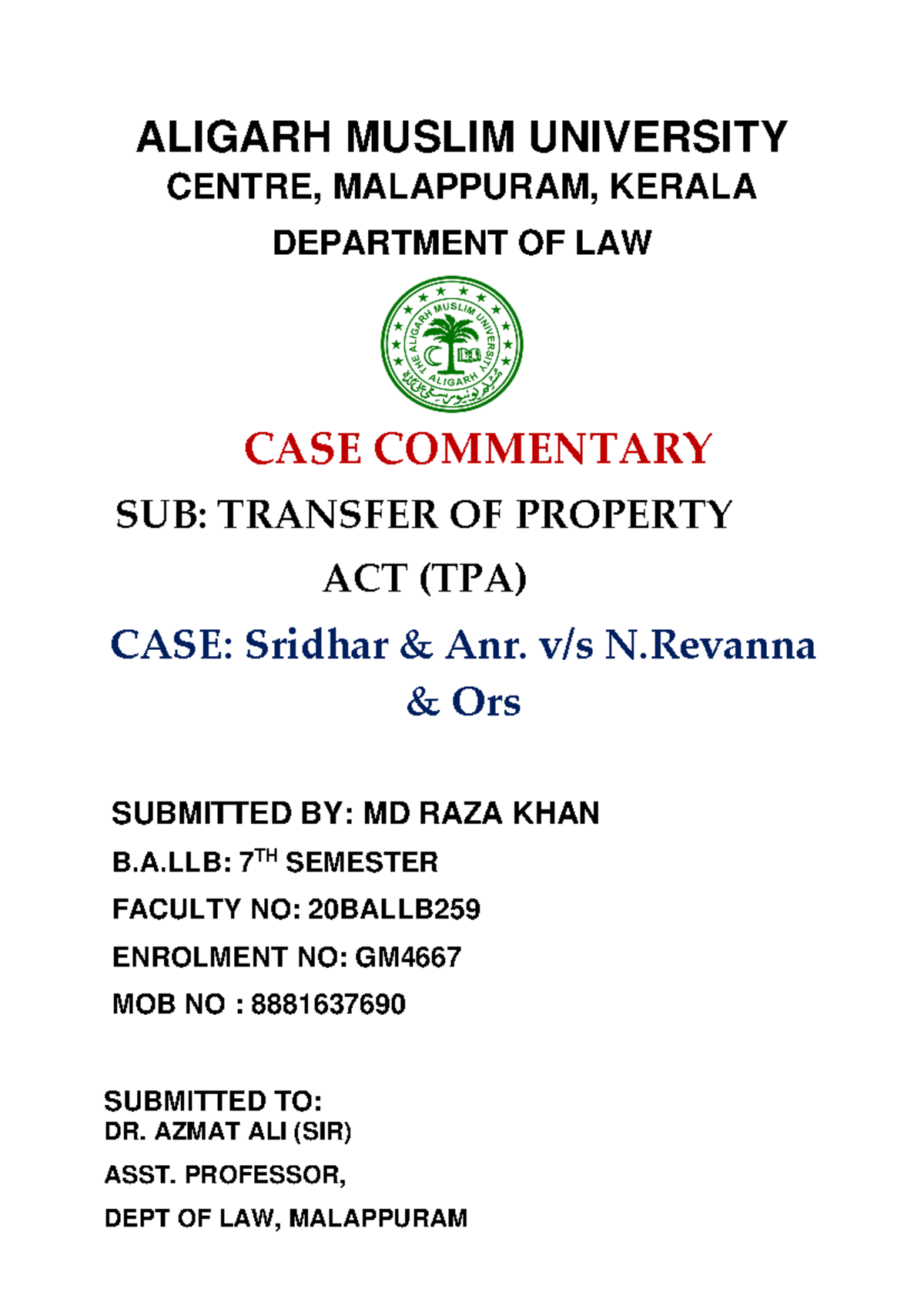 Case commentary merged - ALIGARH MUSLIM UNIVERSITY CENTRE, MALAPPURAM ...