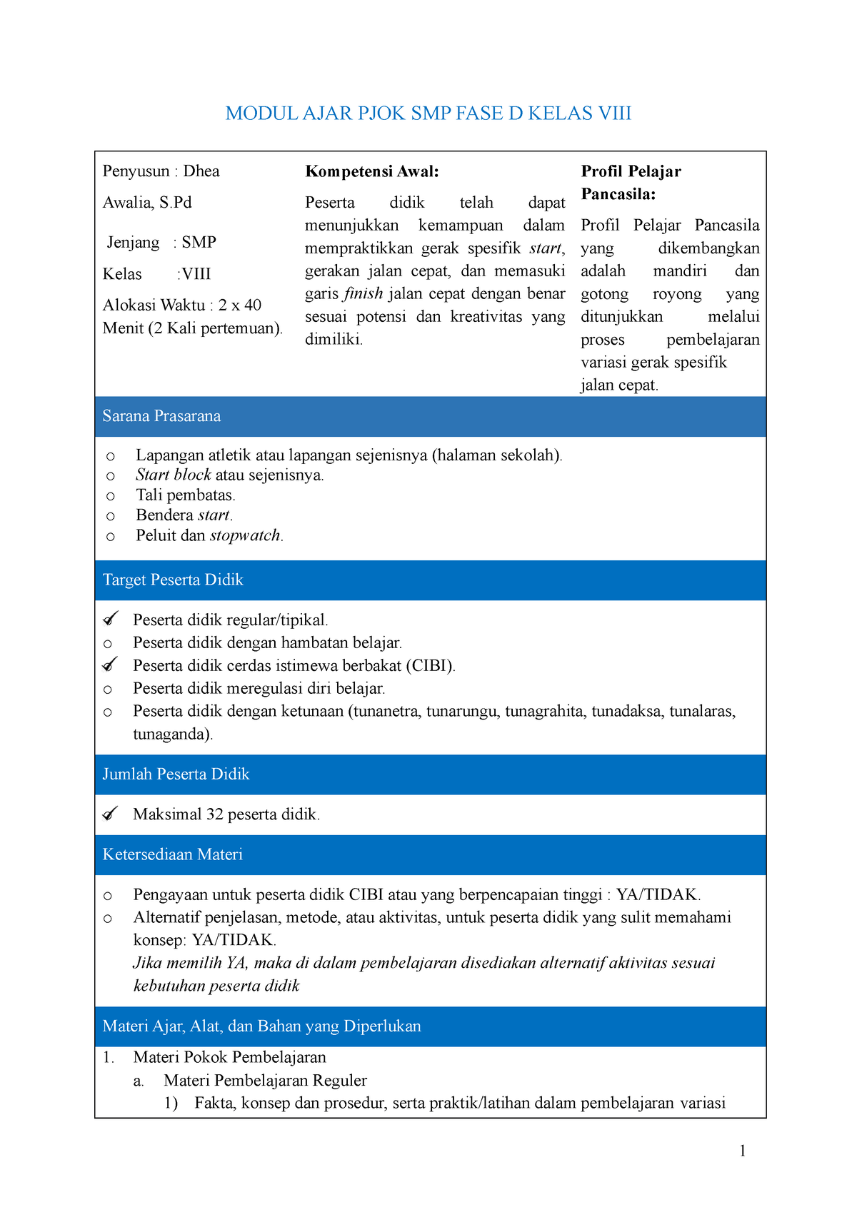 Modul AJAR PJOK SMP FASE D Kelas VIII - MODUL AJAR PJOK SMP FASE D ...