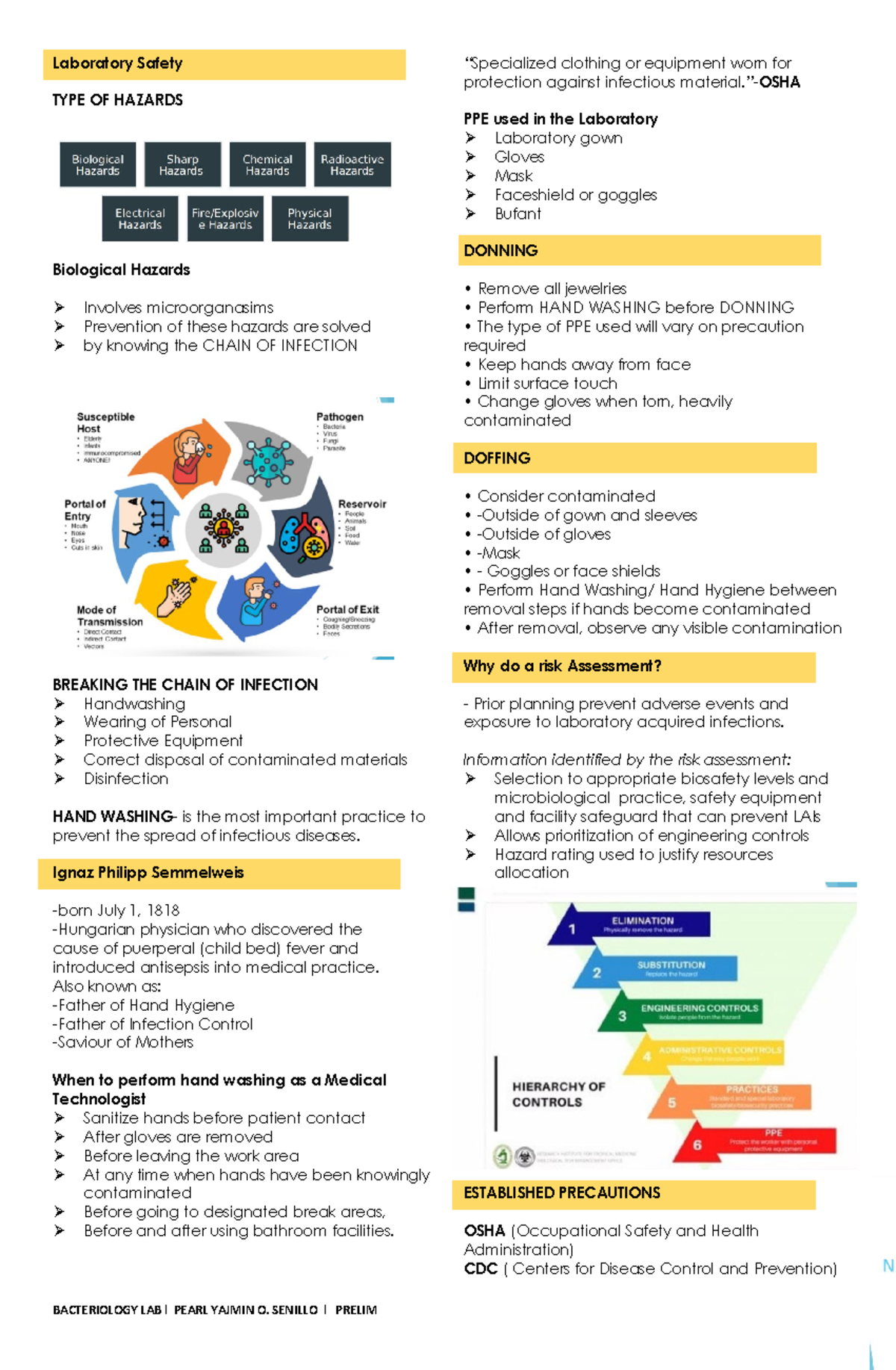 Bacteriology-prelim-lab - Laboratory Safety TYPE OF HAZARDS Biological ...
