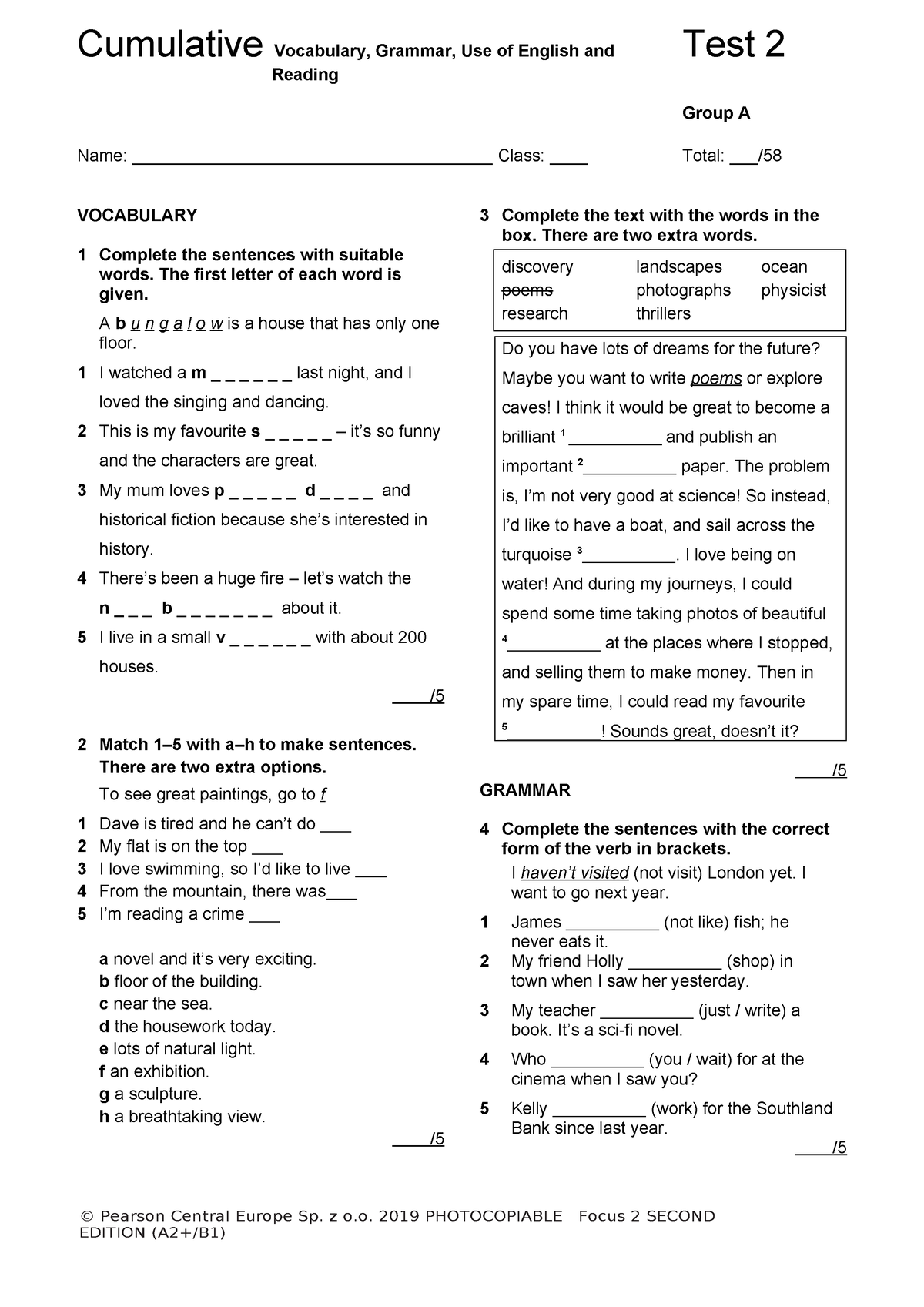 Focus 2 2ed Cumulative Test 2 Units 1-4 Group A - Cumulative Vocabulary ...