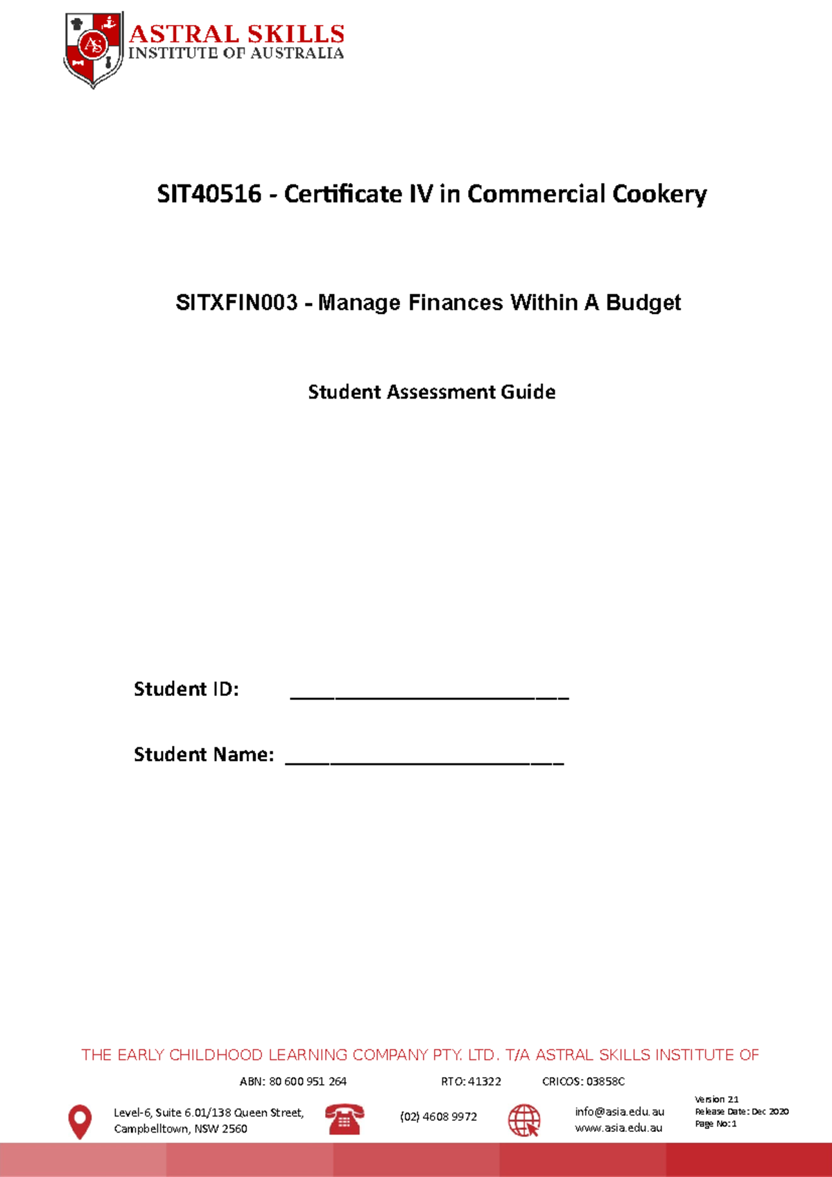 V2 Sitxfin 003 - Manage Finances Within A Budget Student Assessment ...