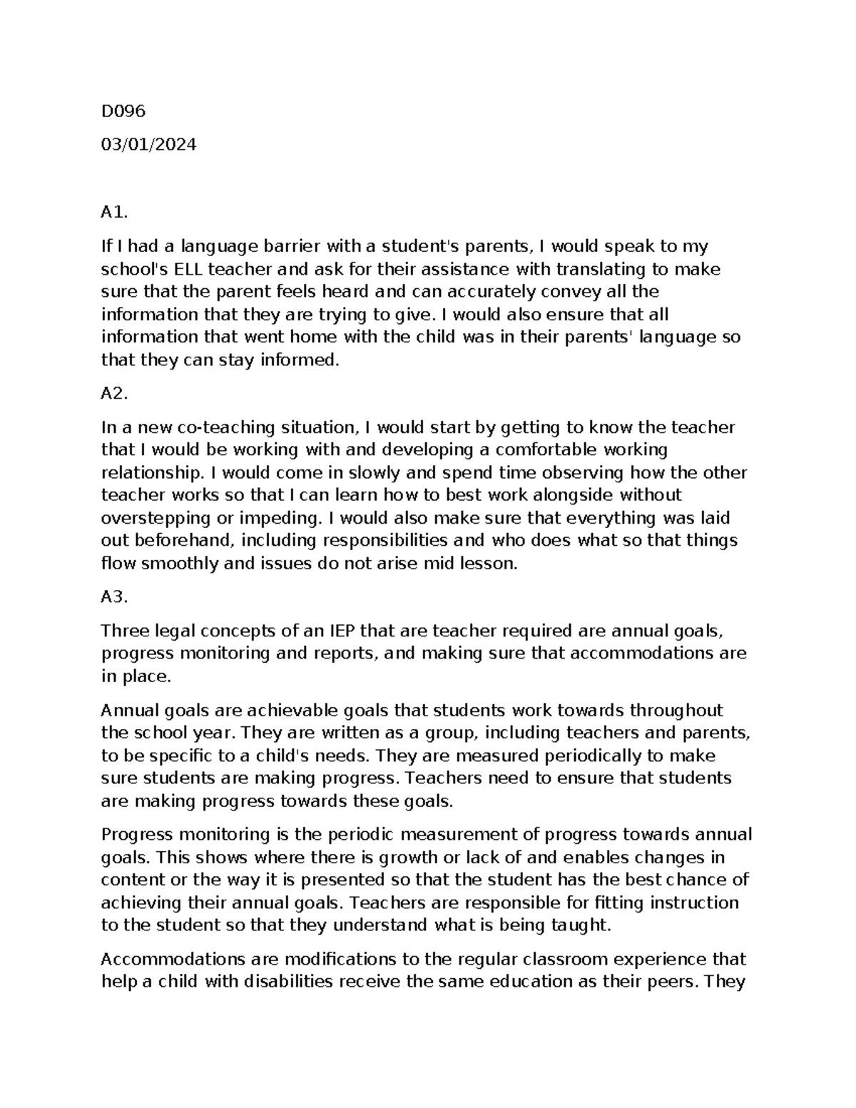D096 Task3m - D 03/01/ A1. If I had a language barrier with a student's ...