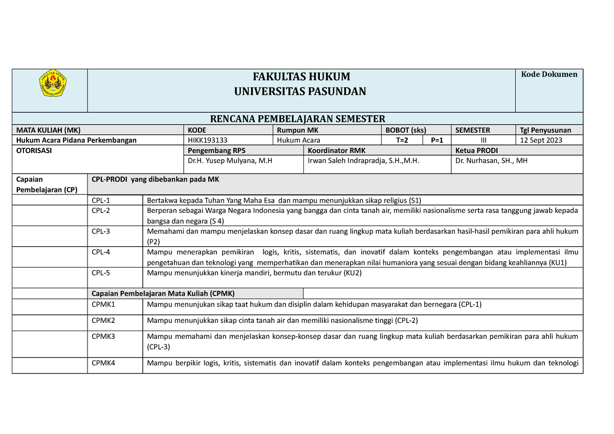 RPS Hukum Acara Pidana 2023 - FAKULTAS HUKUM UNIVERSITAS PASUNDAN Kode ...