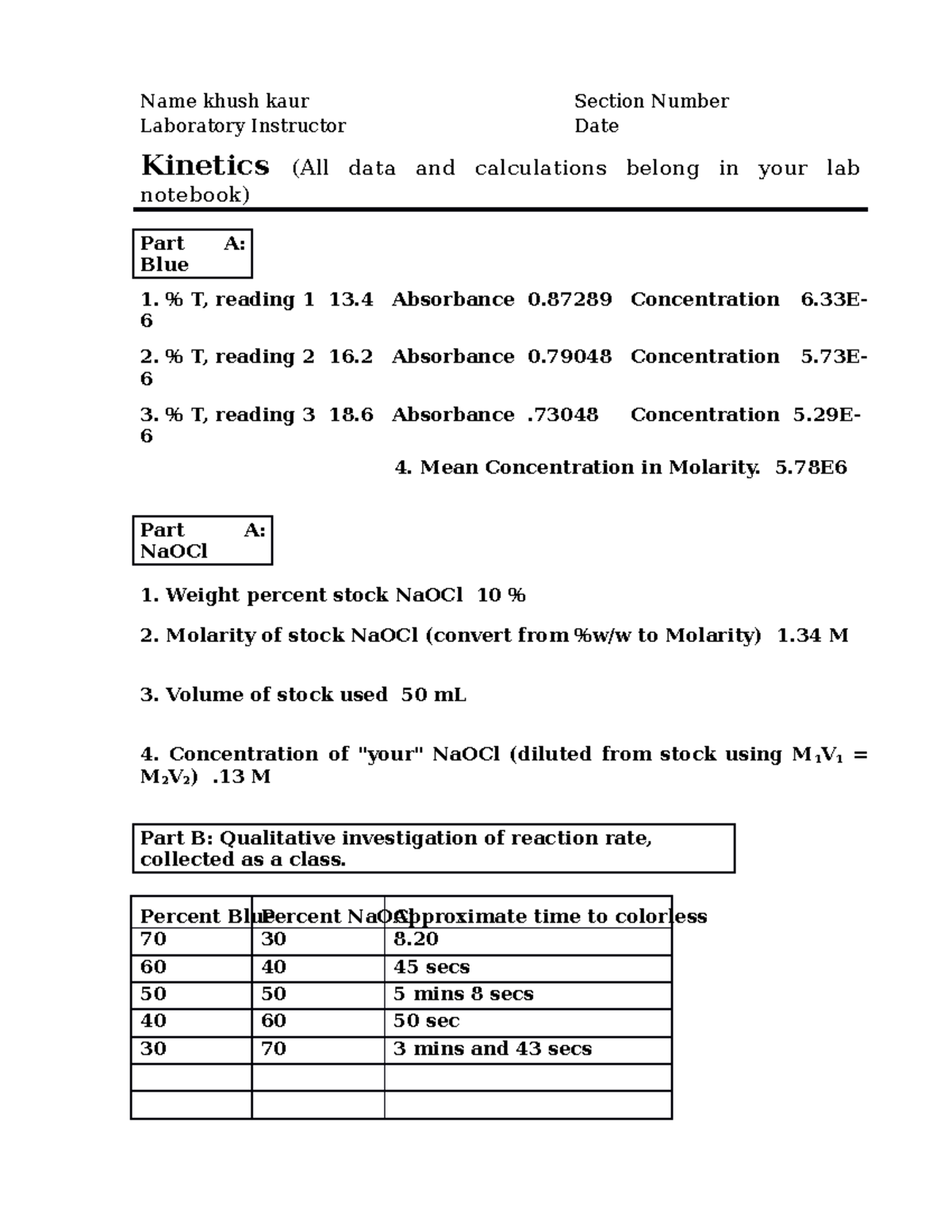 04 - kinetics lab - Name khush kaur Section Number Laboratory ...