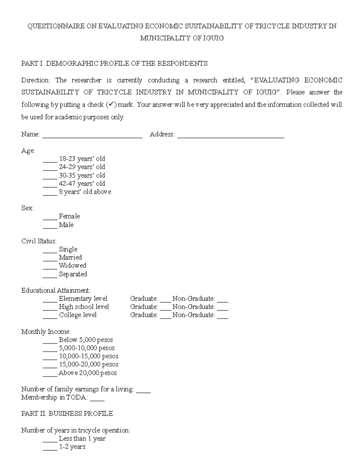 Questionnaire in Tricycle drivers - QUESTIONNAIRE ON EVALUATING ...