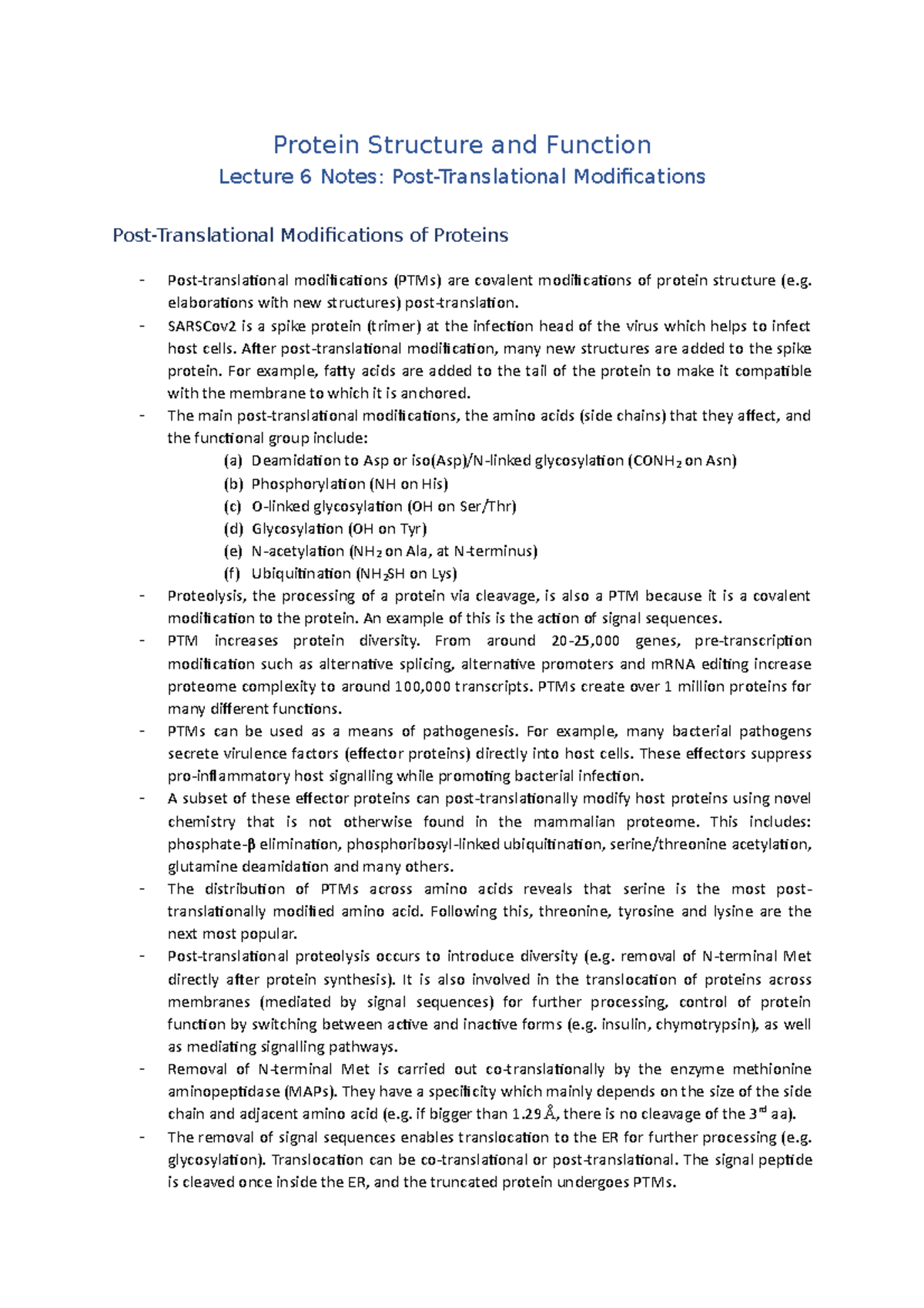 Lecture 6 Notes (Post-Translational Modifications) - Protein Structure ...