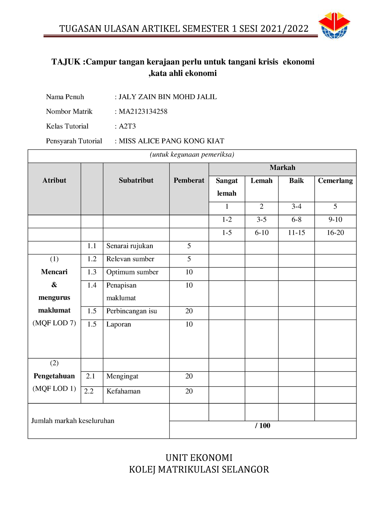 Ulasan Artikel Ekonomi AE015  UNIT EKONOMI KOLEJ MATRIKULASI SELANGOR