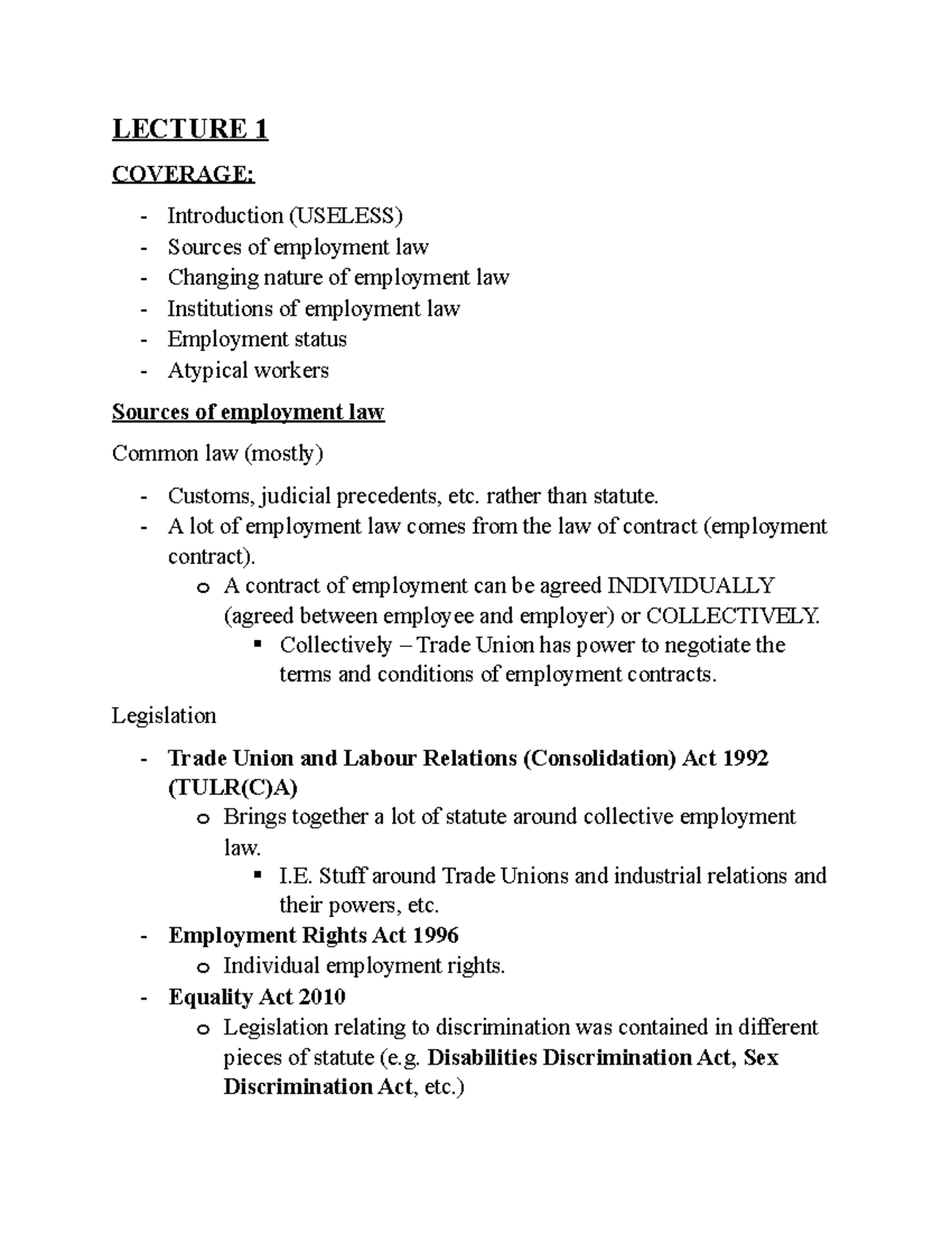 Employment Law Lecture summaries - LECTURE 1 COVERAGE: Introduction ...