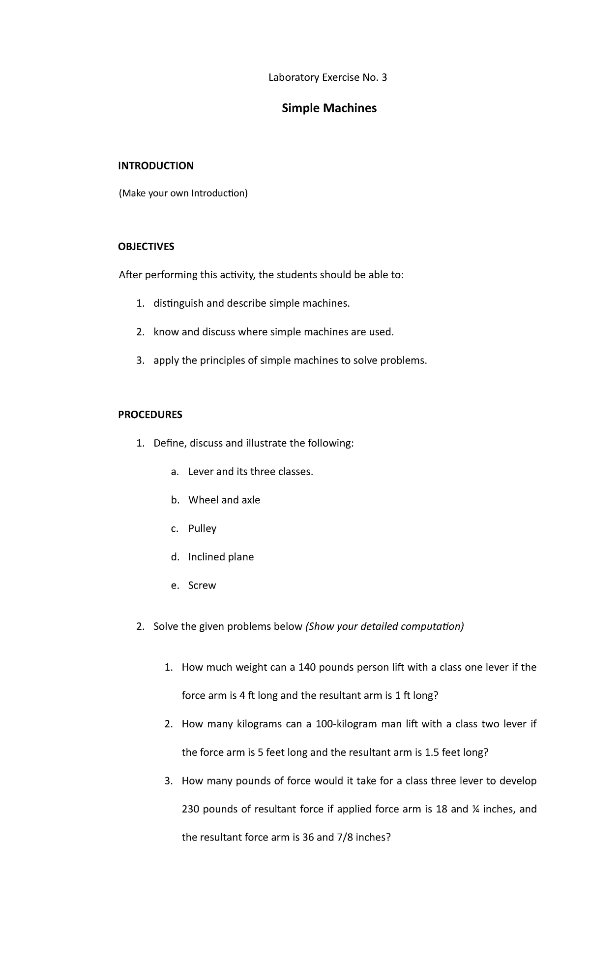 Simple Machines Lab Act Questions t2 - Laboratory Exercise No. 3 Simple ...