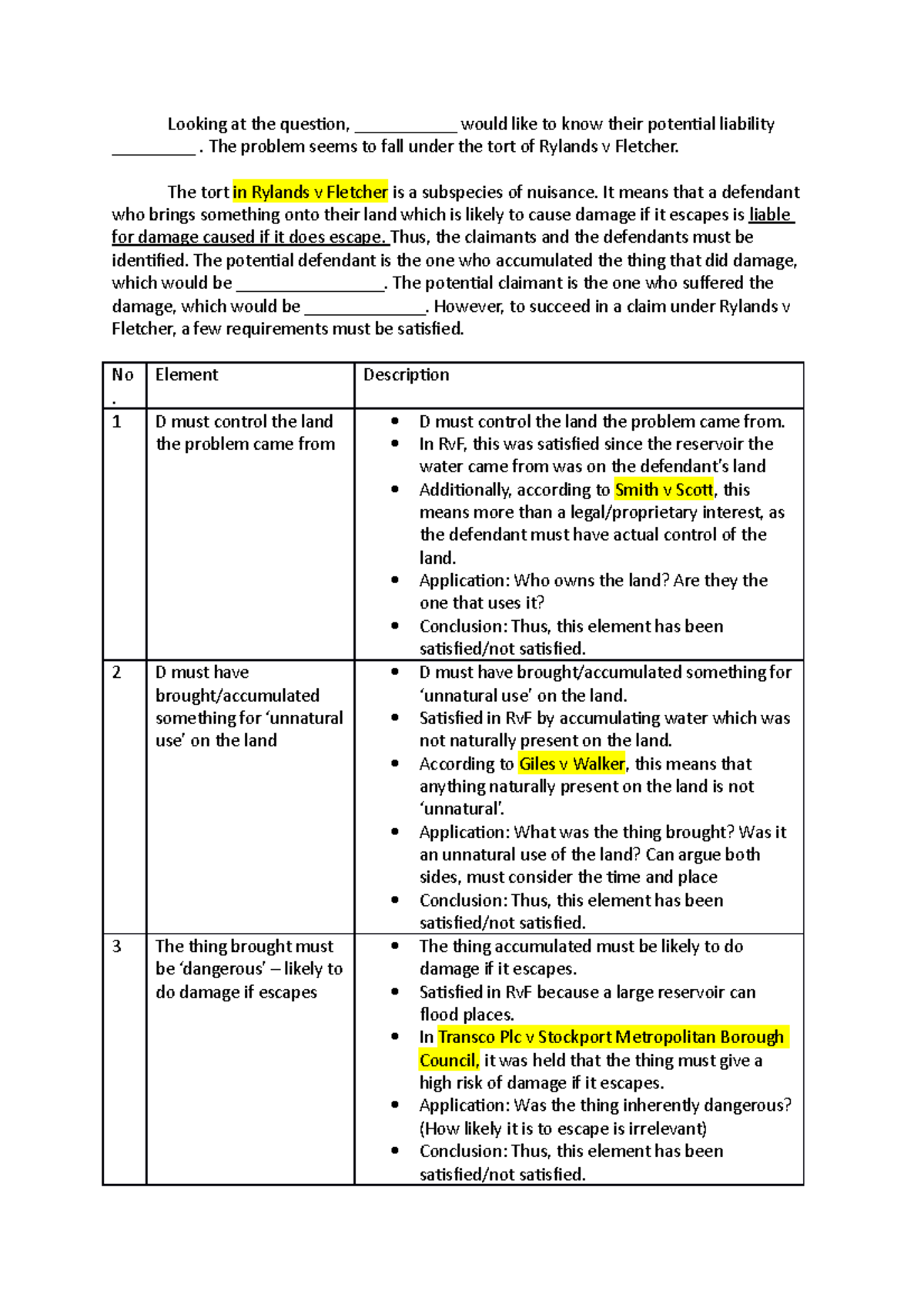 Rylands v Fletcher notes Looking at the question, ___________ would