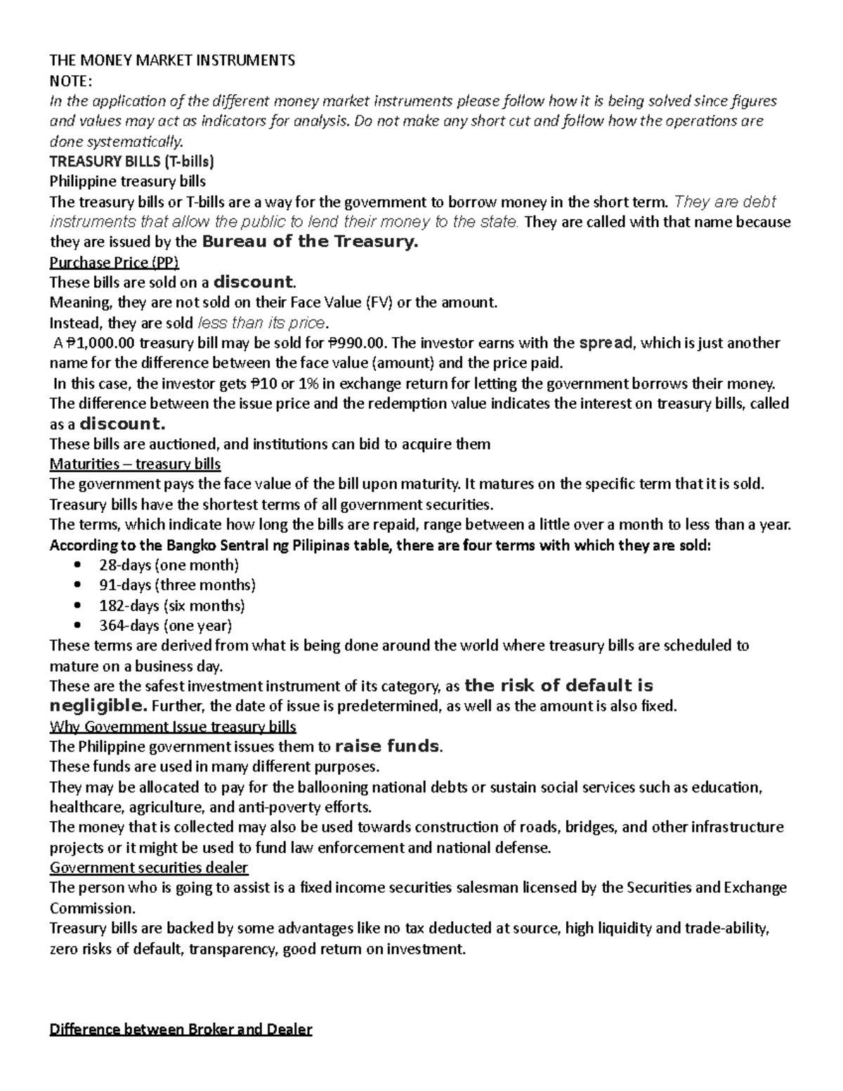 THE Money Market Instruments - THE MONEY MARKET INSTRUMENTS NOTE: In ...