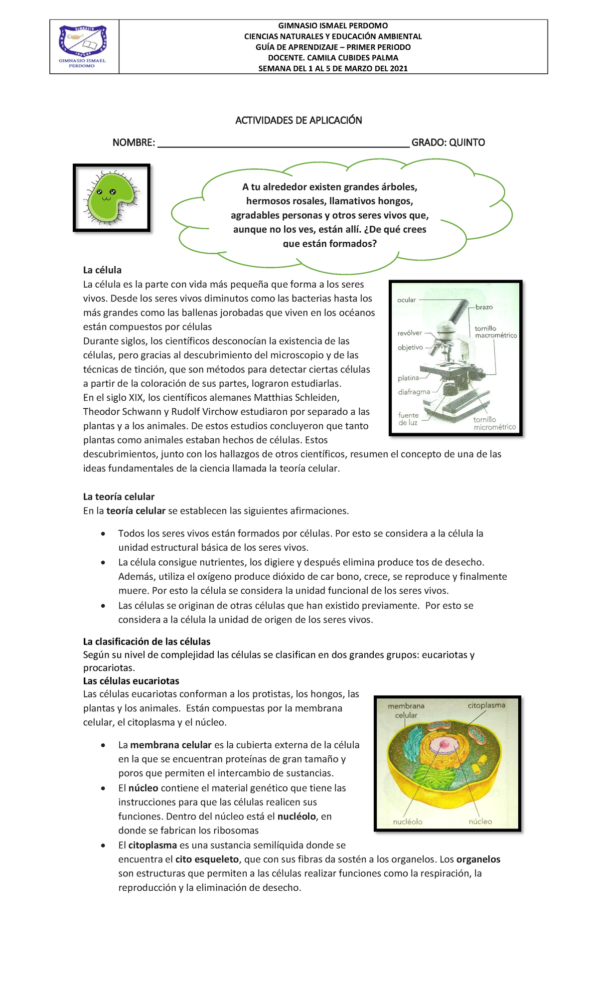 LA Celula Grado Quinto CIENCIAS NATURALES Y EDUCACI”N AMBIENTAL GUÕA