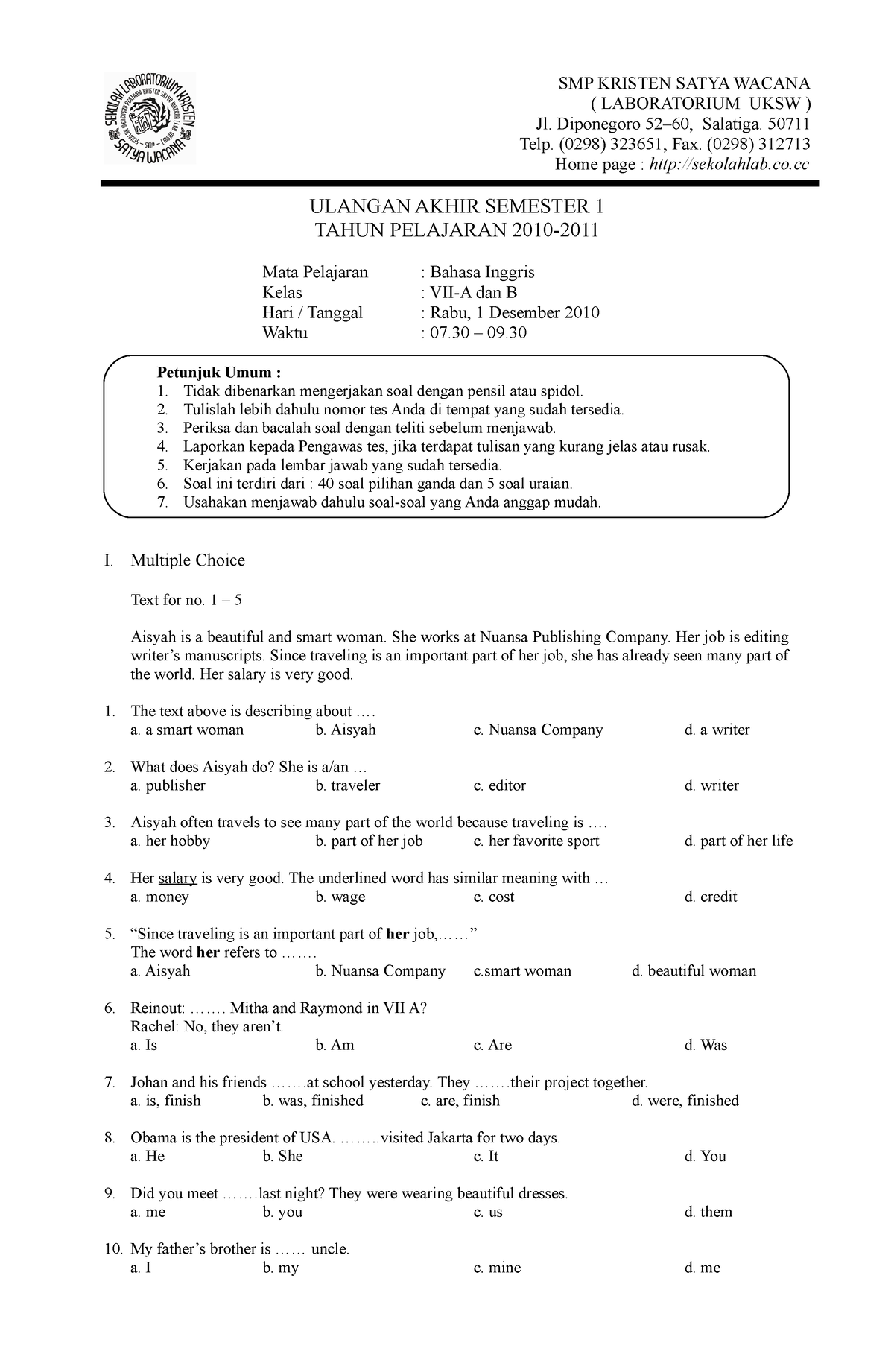 Soal-Soal Penilaian Akhir Semester Mapel B.Inggris KelasVII SMP - SMP ...