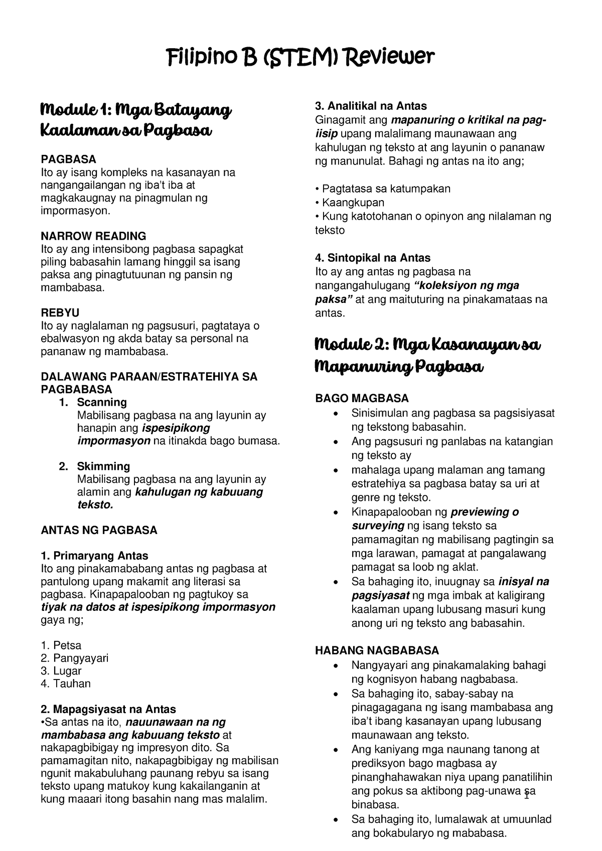 Filipino B First Quarter Reviewer - 1 Module 1: Mga Batayang Kaalaman ...