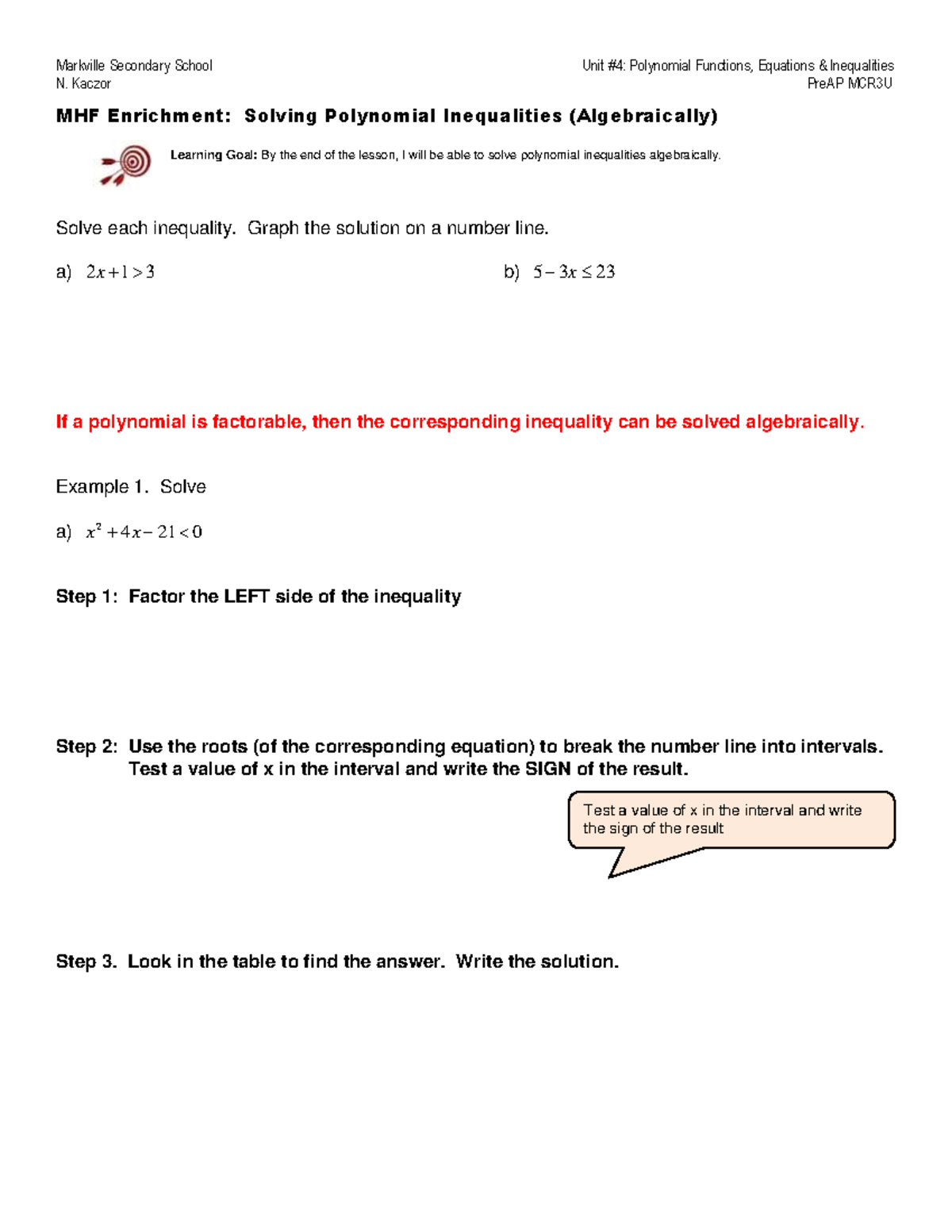 Solving Polynomial Inequalities Algebraically